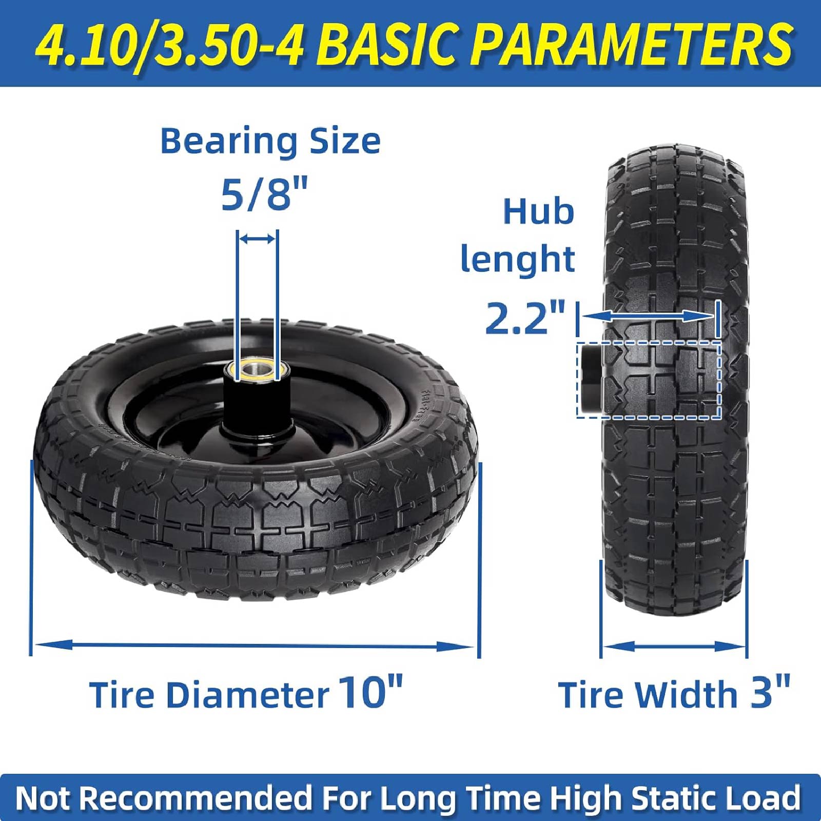 10" Flat-Free Solid Tire and Wheel Replacement 4.10/3.50-4, with 5/8" Axle Bore Hole, 2.2" Offset Hub, Compatible with Hand Truck Tire Garden Wagon Trolley Dolly (2 Pack)