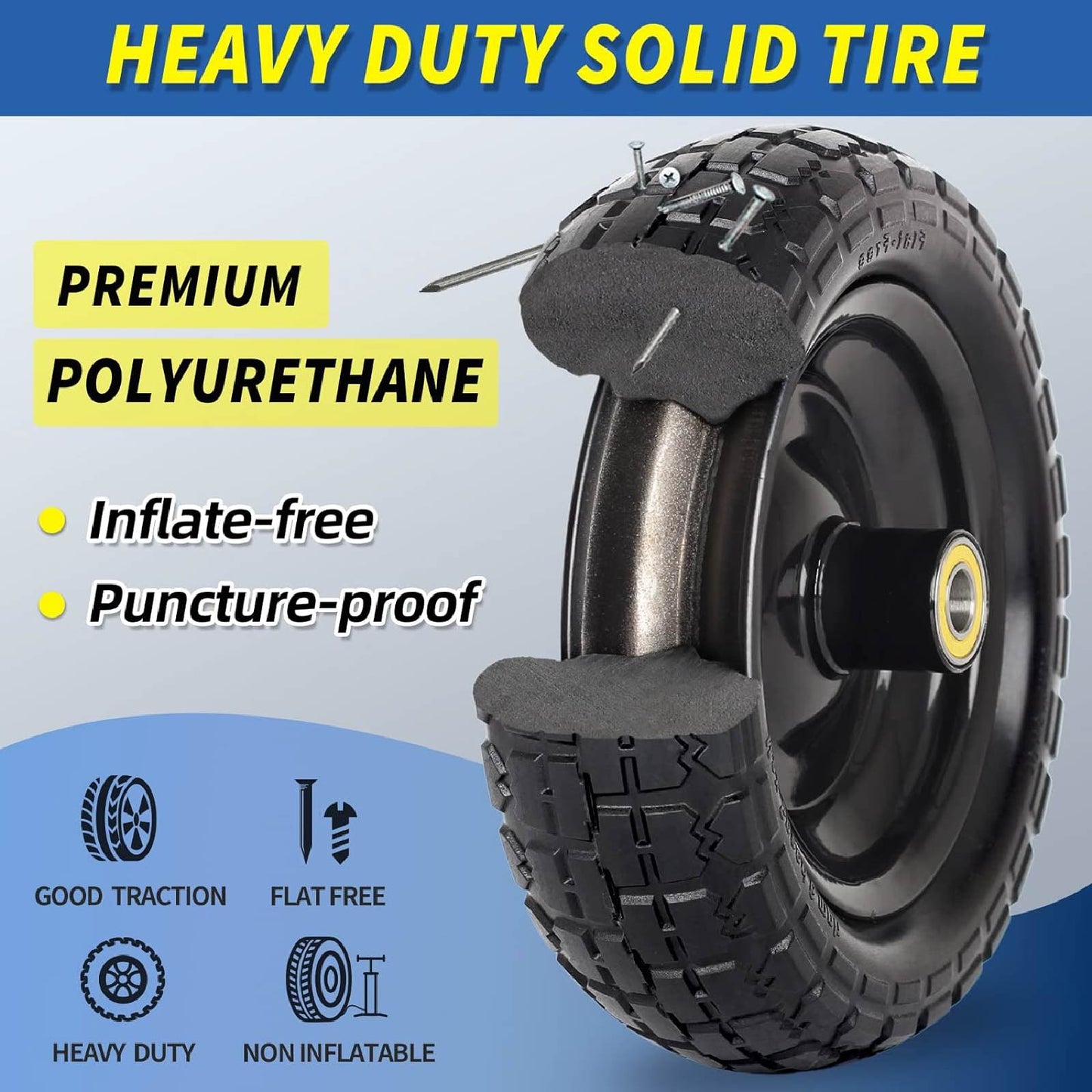 10" Flat-Free Solid Tire and Wheel Replacement 4.10/3.50-4, with 5/8" Axle Bore Hole, 2.2" Offset Hub, Compatible with Hand Truck Tire Garden Wagon Trolley Dolly (2 Pack)