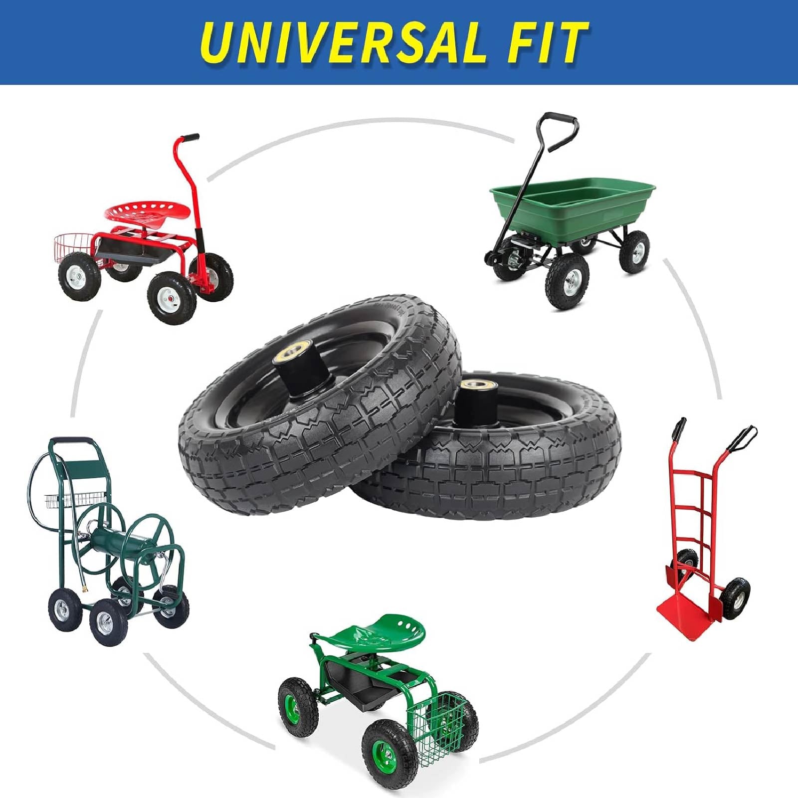 10" Flat-Free Solid Tire and Wheel Replacement 4.10/3.50-4, with 5/8" Axle Bore Hole, 2.2" Offset Hub, Compatible with Hand Truck Tire Garden Wagon Trolley Dolly (2 Pack)