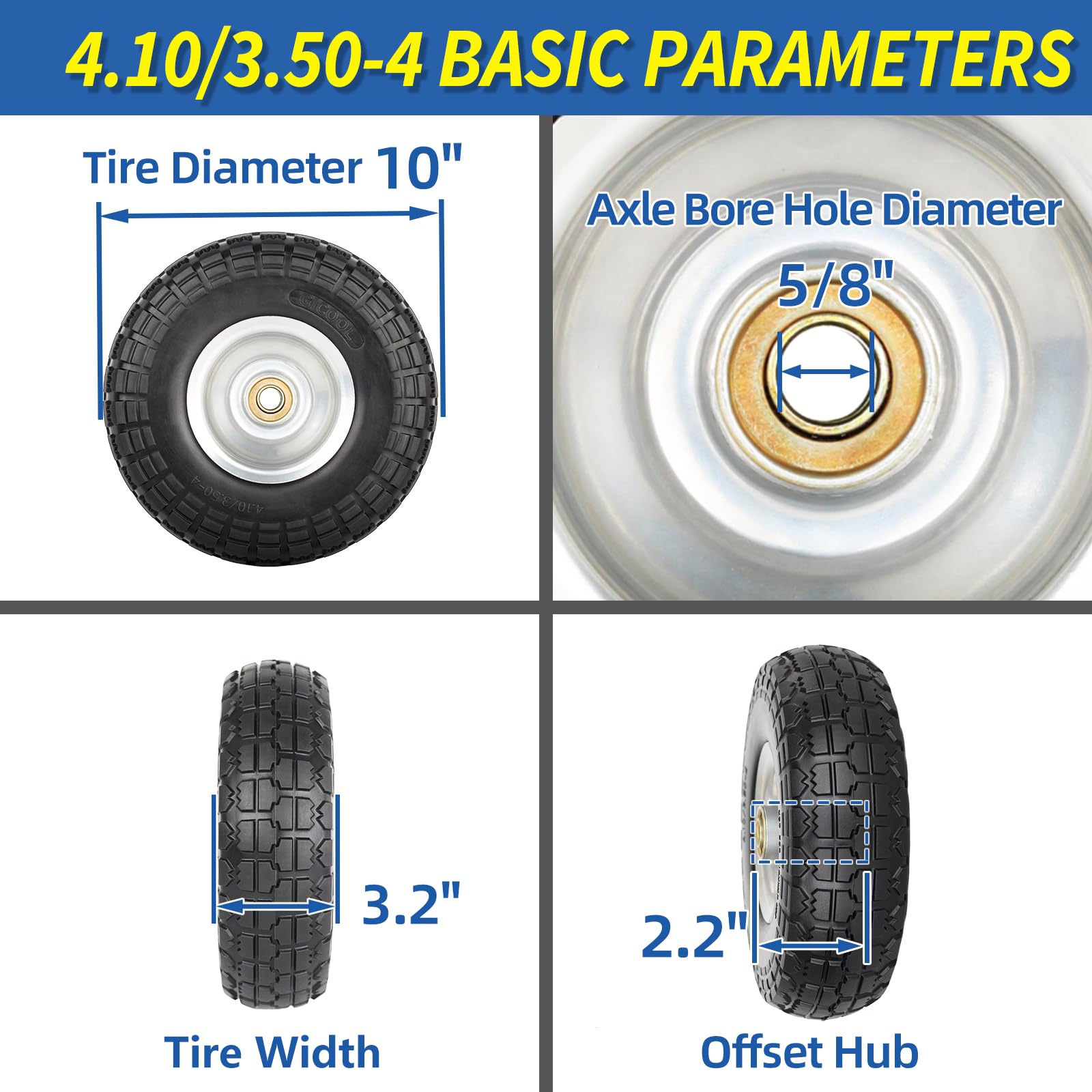 4.10/3.50-4" Flat Free Tire and Wheel, 10" Heavy Duty Solid Tire, 5/8" Axle Bore Hole, 2.2" Offset Hub, for Hand Truck Garden Cart Wagon Trolley Dolly Replacement Tire
