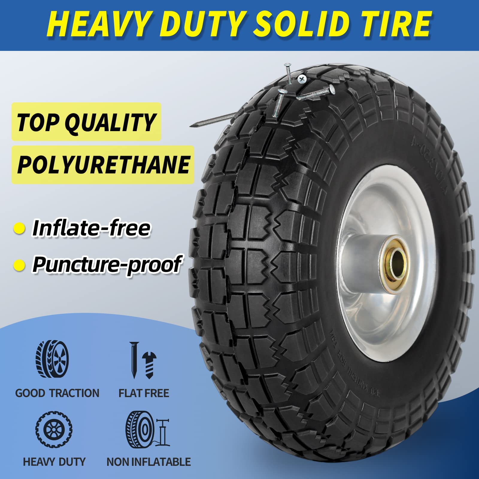 4.10/3.50-4" Flat Free Tire and Wheel, 10" Heavy Duty Solid Tire, 5/8" Axle Bore Hole, 2.2" Offset Hub, for Hand Truck Garden Cart Wagon Trolley Dolly Replacement Tire