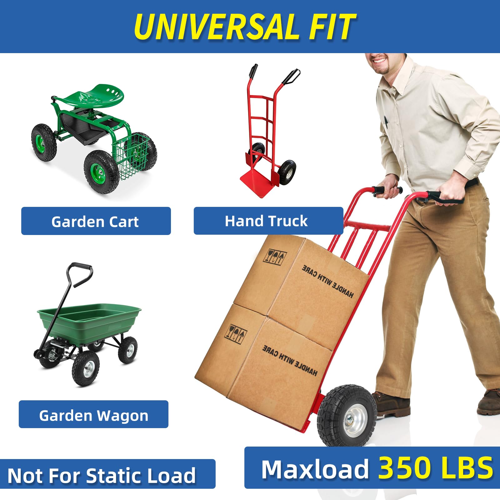 4.10/3.50-4" Flat Free Tire and Wheel, 10" Heavy Duty Solid Tire, 5/8" Axle Bore Hole, 2.2" Offset Hub, for Hand Truck Garden Cart Wagon Trolley Dolly Replacement Tire