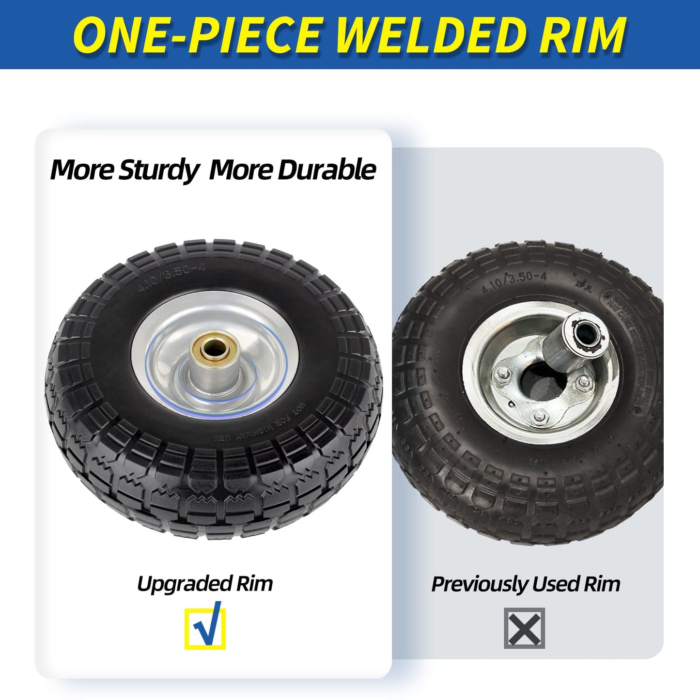 4.10/3.50-4" Flat Free Tire and Wheel, 10" Heavy Duty Solid Tire, 5/8" Axle Bore Hole, 2.2" Offset Hub, for Hand Truck Garden Cart Wagon Trolley Dolly Replacement Tire