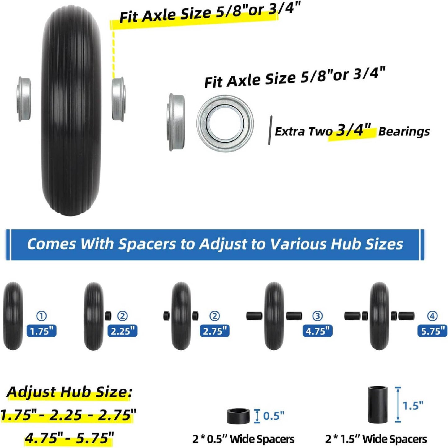 4.00-6 Flat-free Solid Tire and Wheel, 13" Wheelbarrow Tire, with 5/8" or 3/4" Bearings, 1.75" Center Hub for Wheelbarrow Cart Lawn Mover Go Kart Replacement Tire (1 Pack)