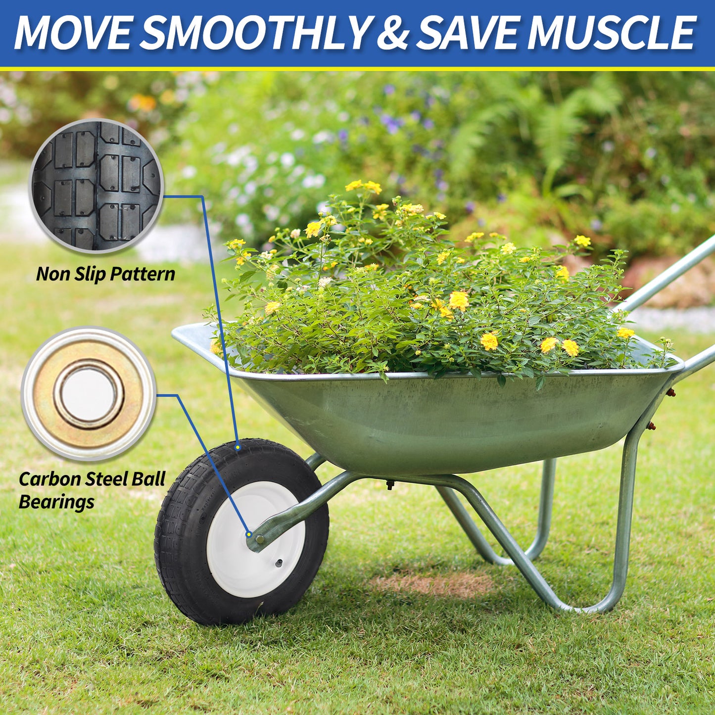 Wheelbarrow Rubber Tire, 14-inch Pneumatic Wheel, 3"-6" Centered Hub, 5/8" & 3/4" Ball Bearings, Replacement 4.80/4.00-8, 3.50/2.50-8, 4.00-6, 4.00-8 Wheelbarrow Wheels