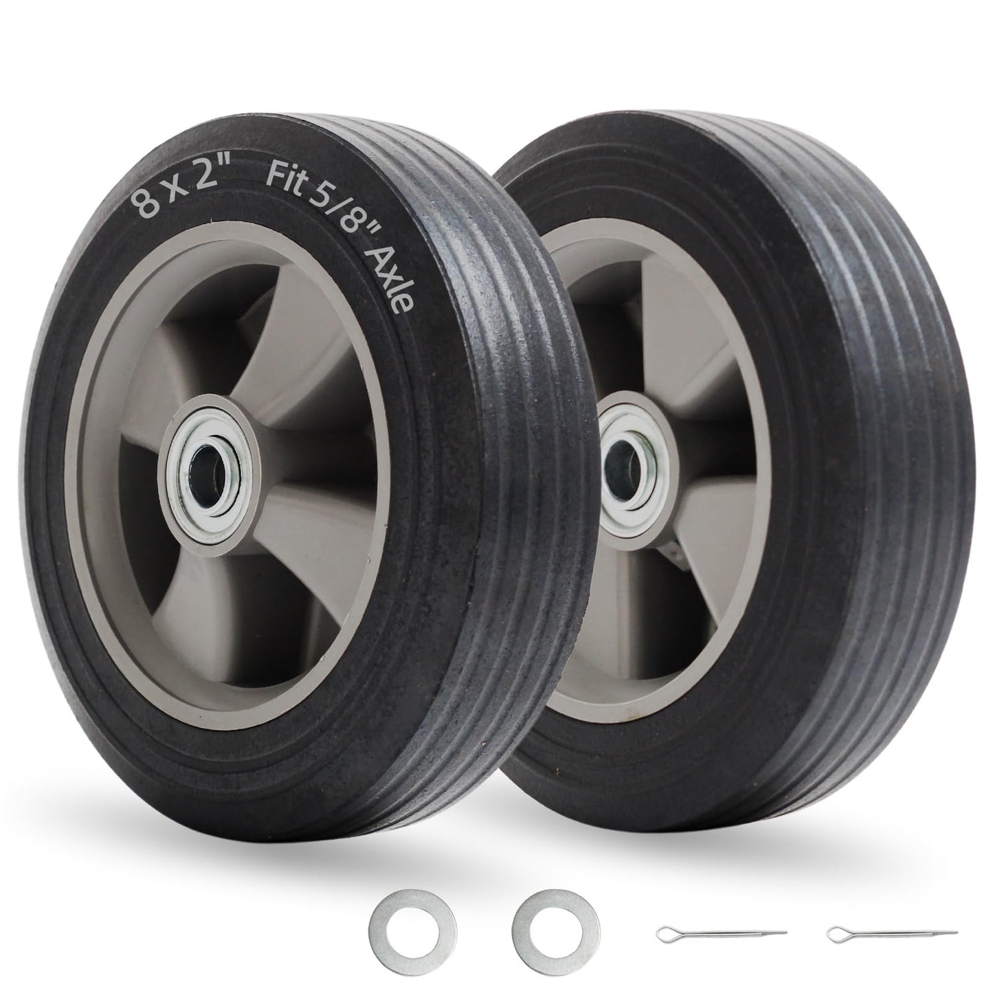 8" x 2" Flat-Free Solid Rubber Tire and Wheel with Ball Bearings and 5/8" Axle Bore Hole, 2" Offset Hub, For Hand Truck Dolly Trolley Garden Wagon Cart Generator Replacement Tire (2 Pack)