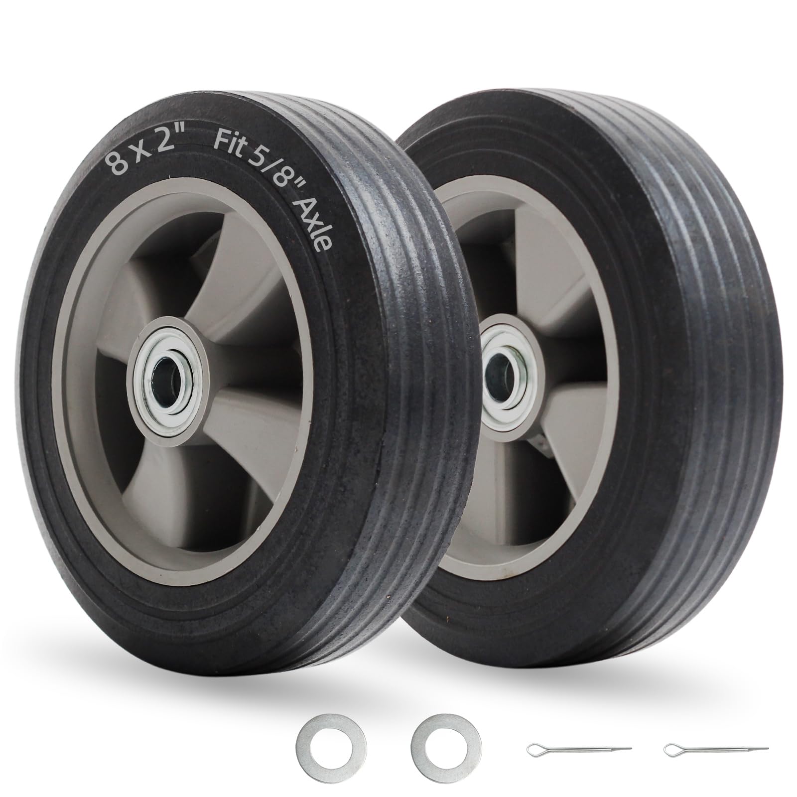 8" x 2" Flat-Free Solid Rubber Tire and Wheel with Ball Bearings and 5/8" Axle Bore Hole, 2" Offset Hub, For Hand Truck Dolly Trolley Garden Wagon Cart Generator Replacement Tire (2 Pack)