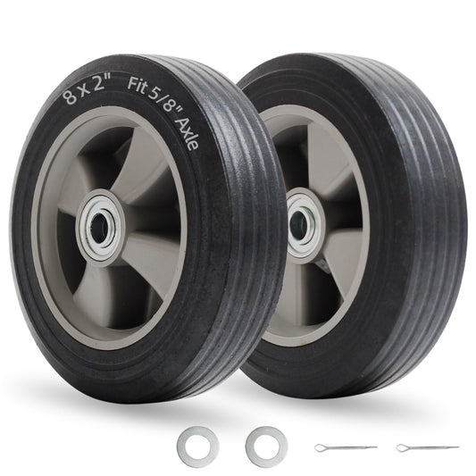 8" x 2" Flat-Free Solid Rubber Tire and Wheel with Ball Bearings and 5/8" Axle Bore Hole, 2" Offset Hub, For Hand Truck Dolly Trolley Garden Wagon Cart Generator Replacement Tire (2 Pack)