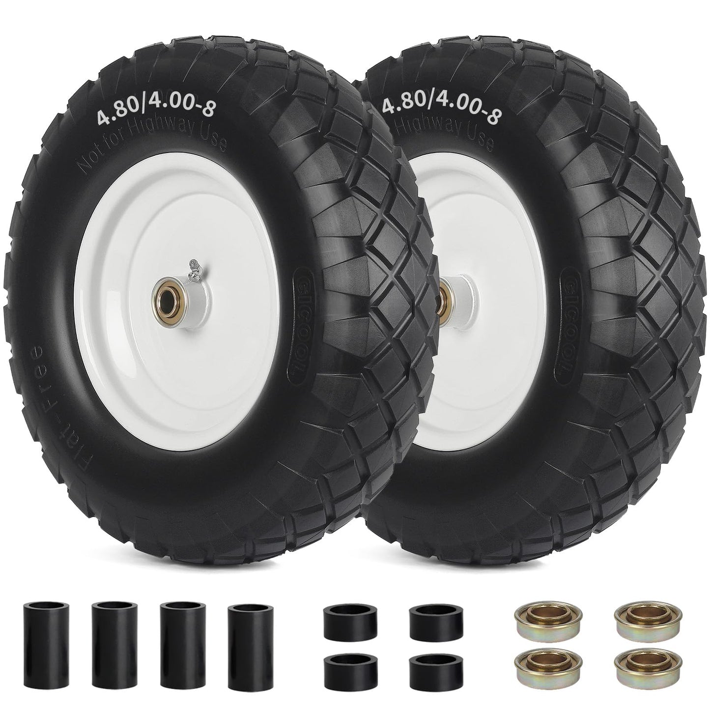 4.80/4.00-8" Wheelbarrow Tire, 16" Flat-Free Solid Tire and Wheel, 3" Centered Hub, 5/8" Axle Bore Hole, for Garden Wagon Cart Trolley Dolly Lawn Mover Go Kart Replacement (2 Pack)