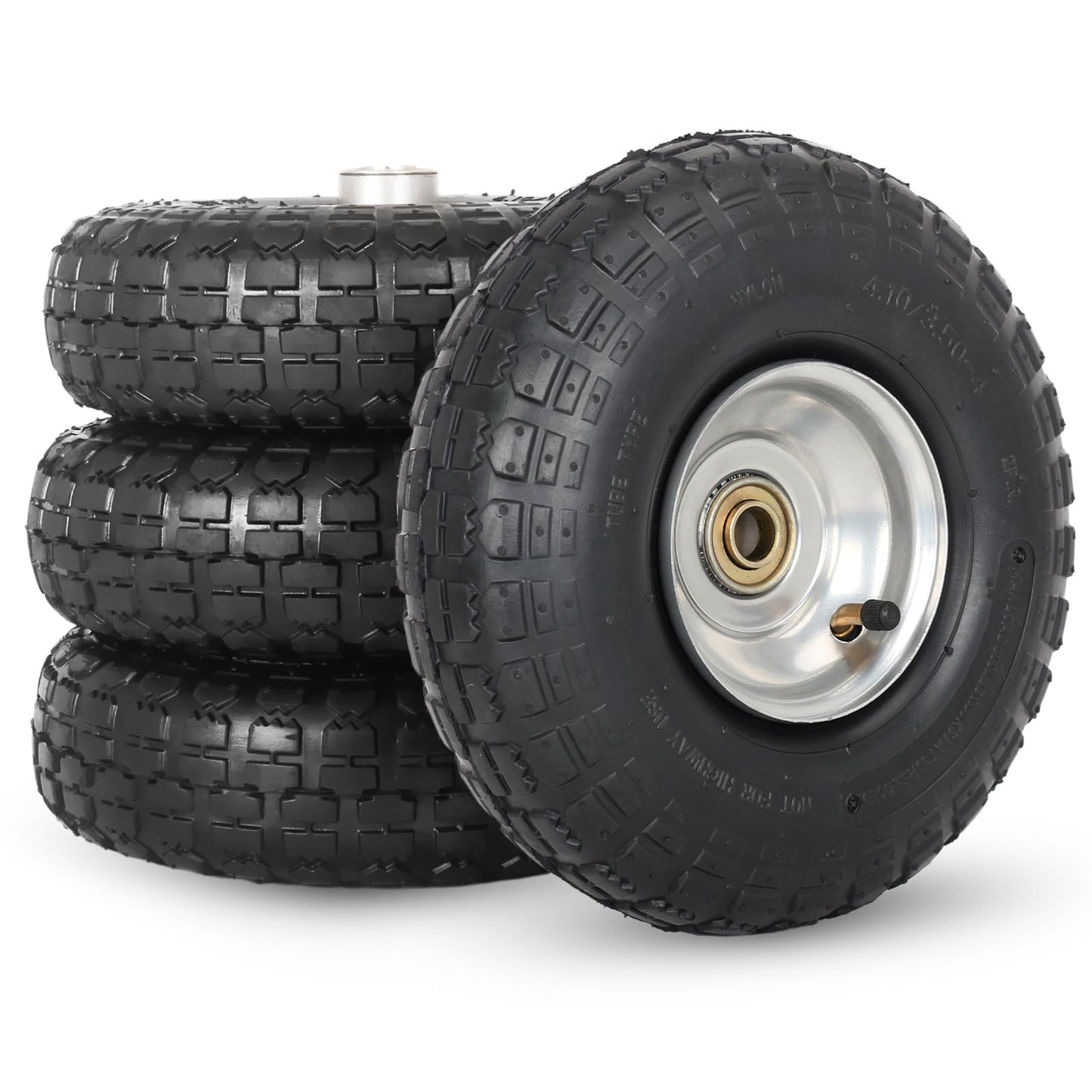 4.10/3.50-4 Pneumatic Tire, 10" Tire and Wheel,  with 2.25" Offset Hub, 5/8" Axle Bore Hole, Sealed Bearings, for Hand Truck Trolley Dolly Cart 4 Pack