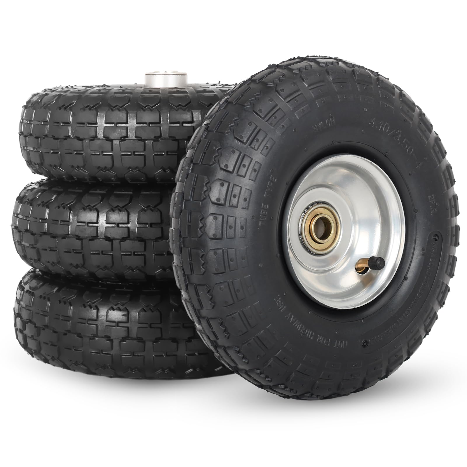 4.10/3.50-4 Pneumatic Tire, 10" Tire and Wheel,  with 2.25" Offset Hub, 5/8" Axle Bore Hole, Sealed Bearings, for Hand Truck Trolley Dolly Cart 4 Pack