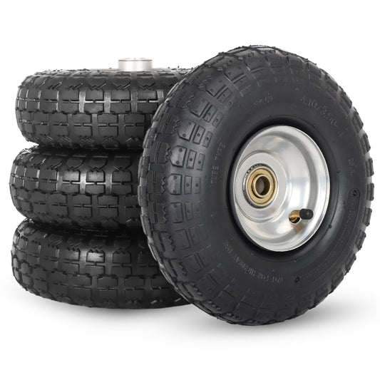 4.10/3.50-4 Pneumatic Tire, 10" Tire and Wheel,  with 2.25" Offset Hub, 5/8" Axle Bore Hole, Sealed Bearings, for Hand Truck Trolley Dolly Cart 4 Pack