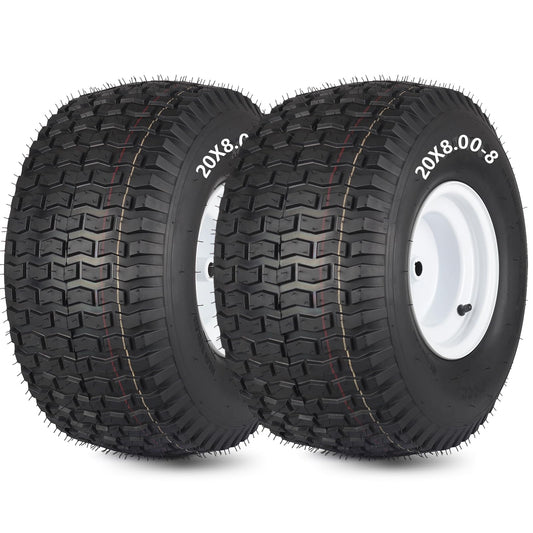 20x8.00-8 Lawn Mower Tire and Wheel, 4 Ply Tubeless Tire, 20x8-8nhs Riding Lawn Mower and Tractor Rear Tire and Wheel Assemblies, 3.5" Offset Hub, 3/4" Borehole, and 3/16" Keyway