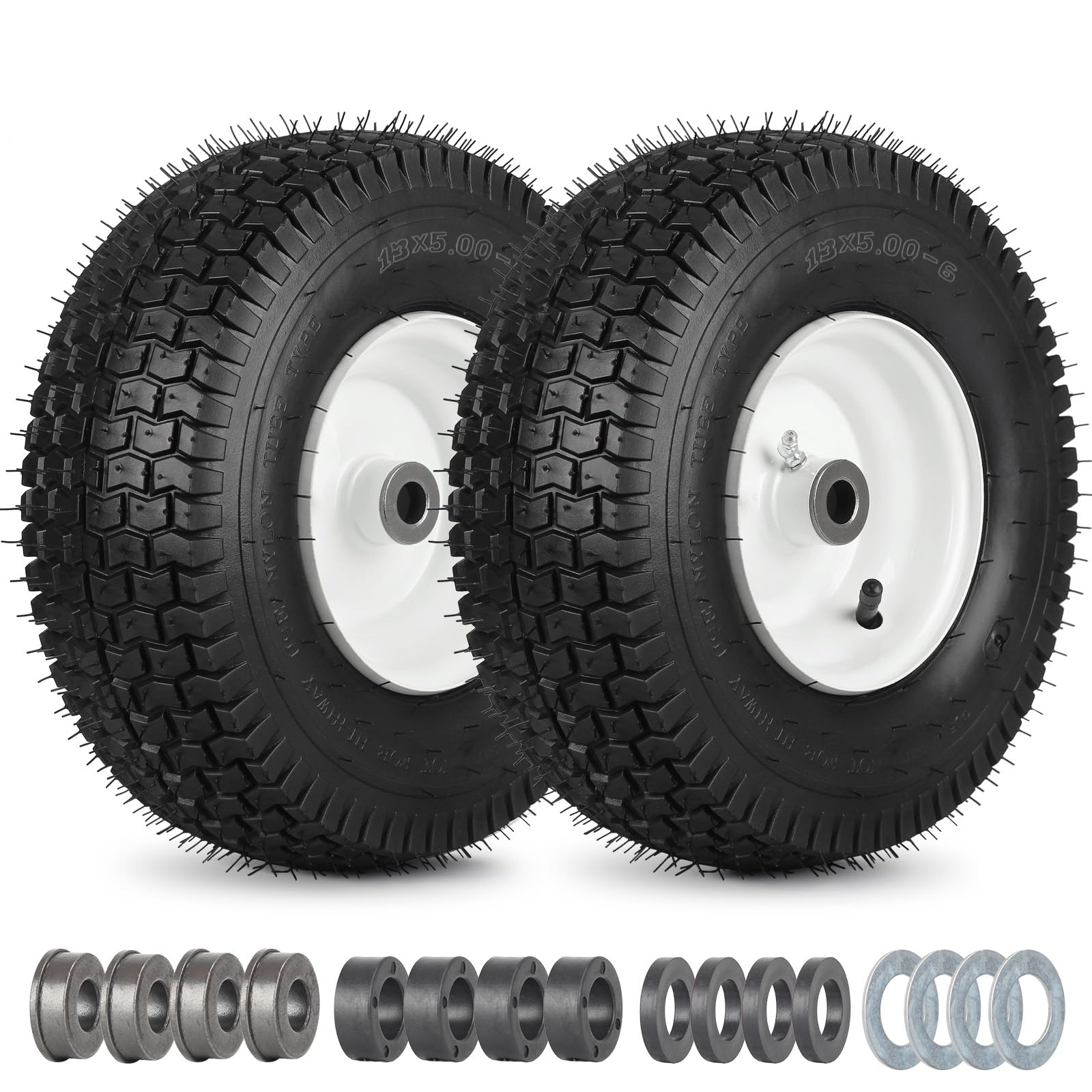 13x5.00-6 Rubber Lawn Mower Tire and Wheel, 2 Pcs Replacement 13x5-6nhs Riding Mowers Lawn Pneumatic Tire with 3/4" Bushing, 3" -4.5" Centered Hub