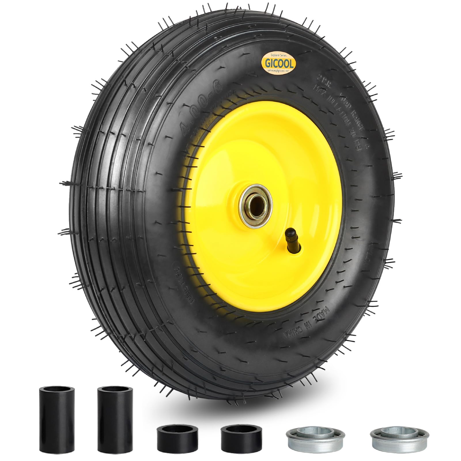 (Explorer Series) 4.00-6 Wheelbarrow Tire, 13" Rubber Pneumatic Wheel, Installed 5/8" Bearing with Extra 3/4" Bearing,1.75"- 6" Centered Hub (1 Pack)
