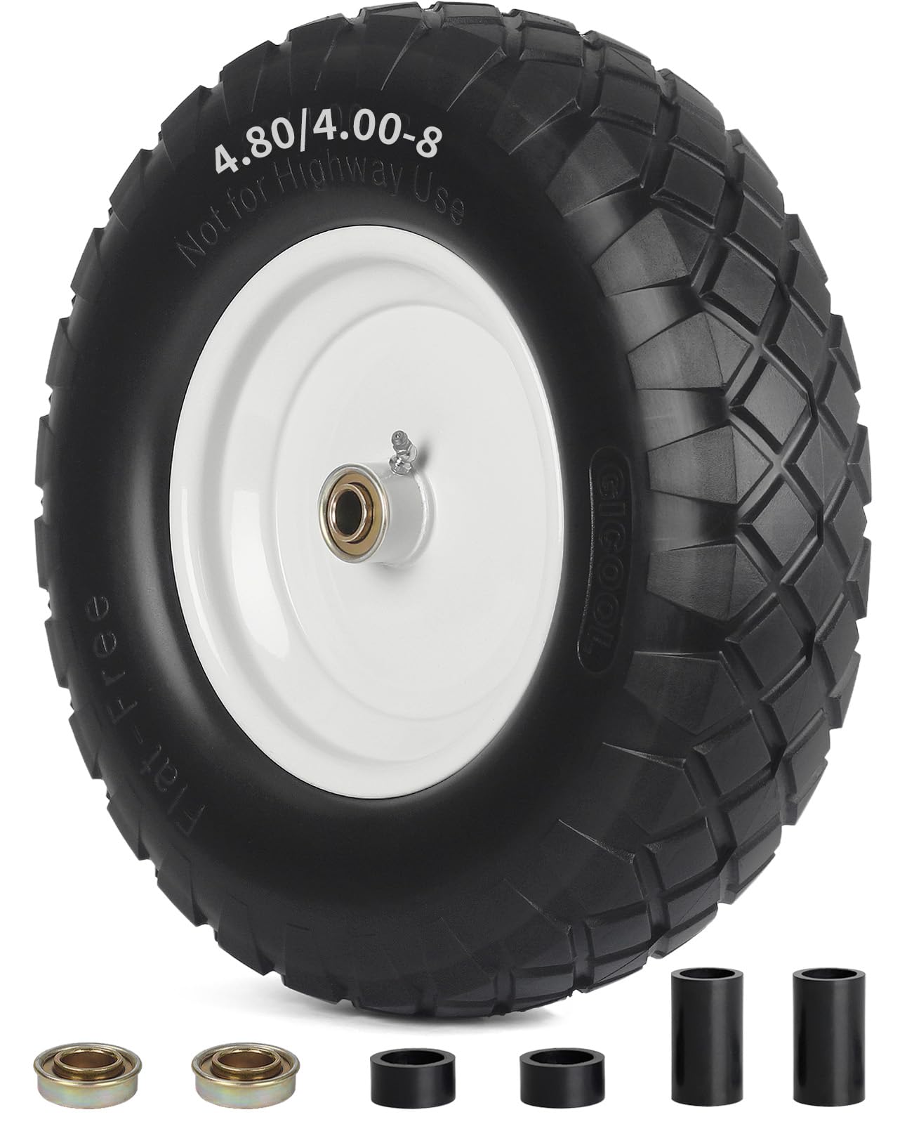 4.80/4.00-8" Wheelbarrow Tire, 16" Flat-Free Solid Tire and Wheel, 3-6" Centered Hub, 5/8" & 3/4" Bearing, For Broadcast Spreader Garden Wagon Cart Trolley Dolly (1 Pack)