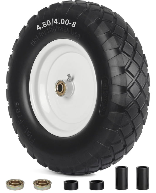 4.80/4.00-8" Wheelbarrow Tire, 16" Flat-Free Solid Tire and Wheel, 3-6" Centered Hub, 5/8" & 3/4" Bearing, For Broadcast Spreader Garden Wagon Cart Trolley Dolly (1 Pack)