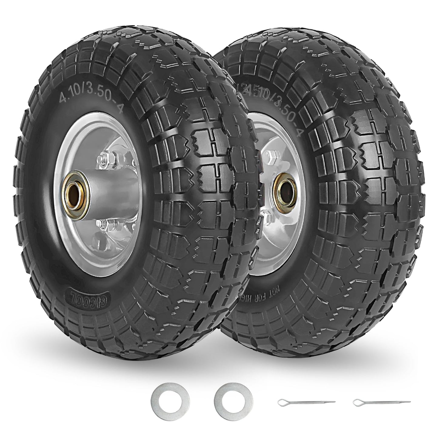 4.10/3.50-4" Flat Free Tire and Wheel, 10" Heavy Duty Solid Tire, 5/8" Axle Bore Hole, 2.2" Offset Hub, for Hand Truck Garden Cart Wagon Trolley Dolly, 2 Pack