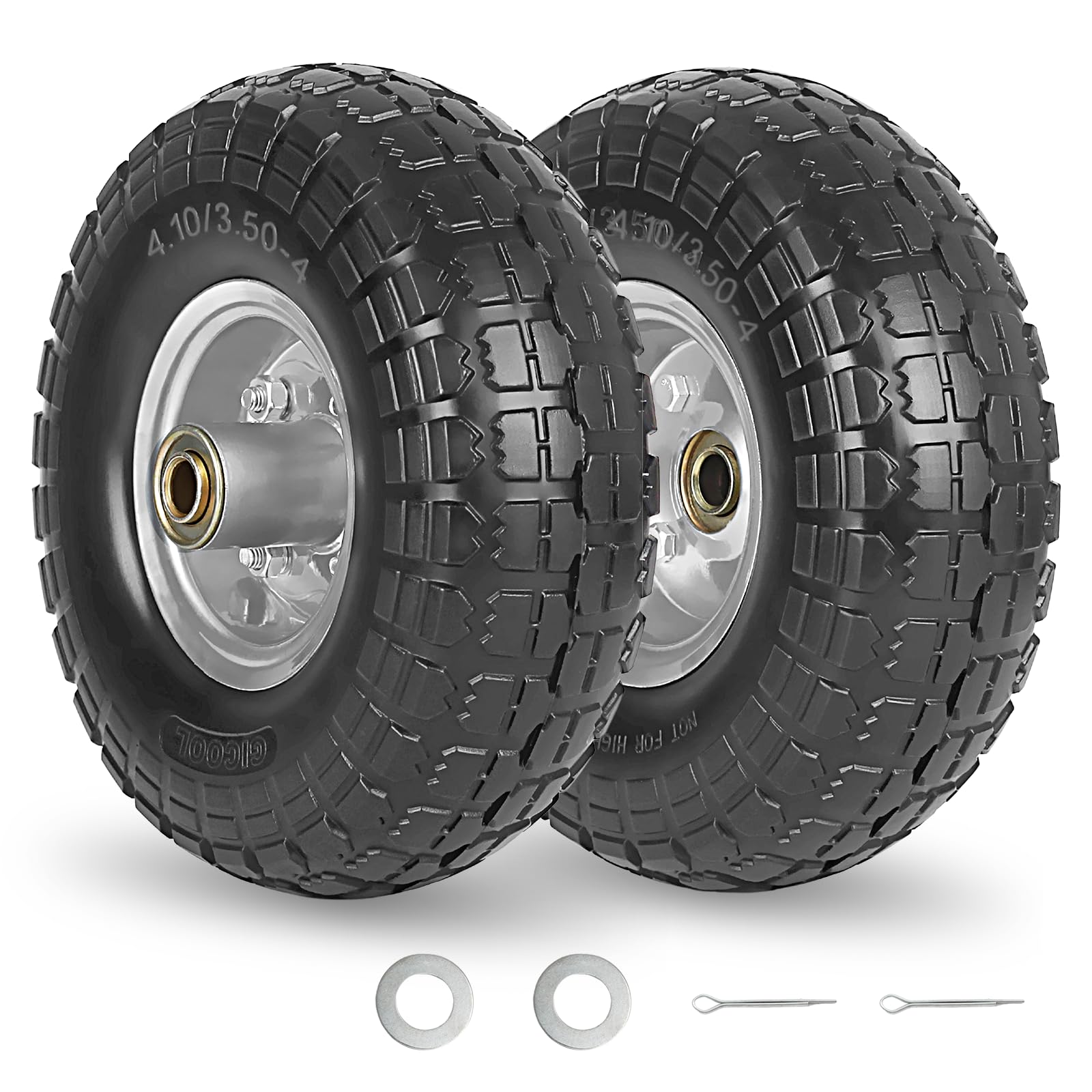 4.10/3.50-4" Flat Free Tire and Wheel, 10" Heavy Duty Solid Tire, 5/8" Axle Bore Hole, 2.2" Offset Hub, for Hand Truck Garden Cart Wagon Trolley Dolly, 2 Pack