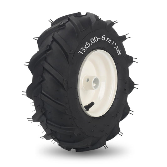 13x5.00-6" Tiller Tire and Wheel, 【1" Axle Size】, 3-1/8" Centered Hub, 13x5-6 Tubeless Agriculture Super Lug Tractor & Trencher Tire Replacement, 1 Pack