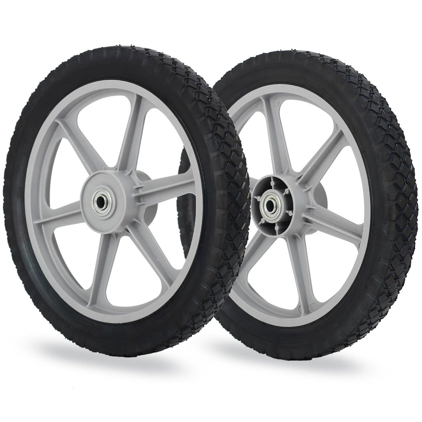 14 x 1.75'' Rubber Tire and Plastic Spoke Wheel, 2.5" Hub Length, 1/2" Axle Bore, for Lawn mower Trolley Dolly Wheel Replacement, 2 (Pack)