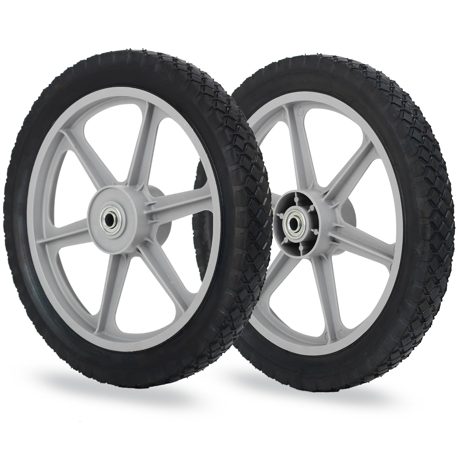 14 x 1.75'' Rubber Tire and Plastic Spoke Wheel, 2.5" Hub Length, 1/2" Axle Bore, for Lawn mower Trolley Dolly Wheel Replacement, 2 (Pack)