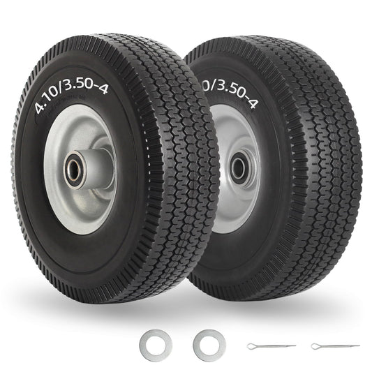 4.10/3.50-4" Flat Free Tire and Wheel, 10" Solid Tire with 5/8" Axle Bore Hole, 2.2" Offset Hub for Hand Truck Garden Wagon Cart Trolley Dolly Lawn Mover Replacement Tire (2 pack)