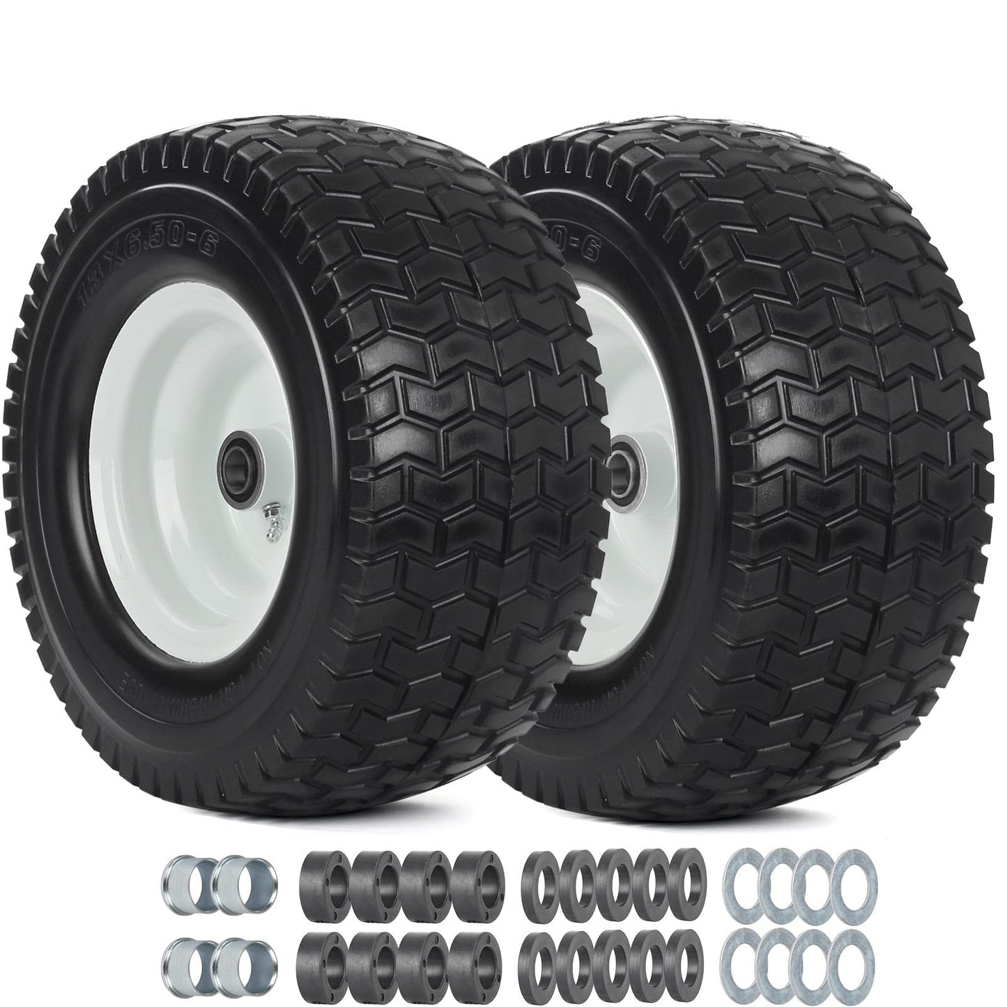 13x6.50-6 Tire and Wheel, 13x6.5-6" Flat-free Lawn Mower Tires, 3”-6.5“ Centered Hub, 3/4" or 5/8" Bearing, Universal Fit Garden Tractor Front Wheels, V-Turf Pattern, 2 (Pack)