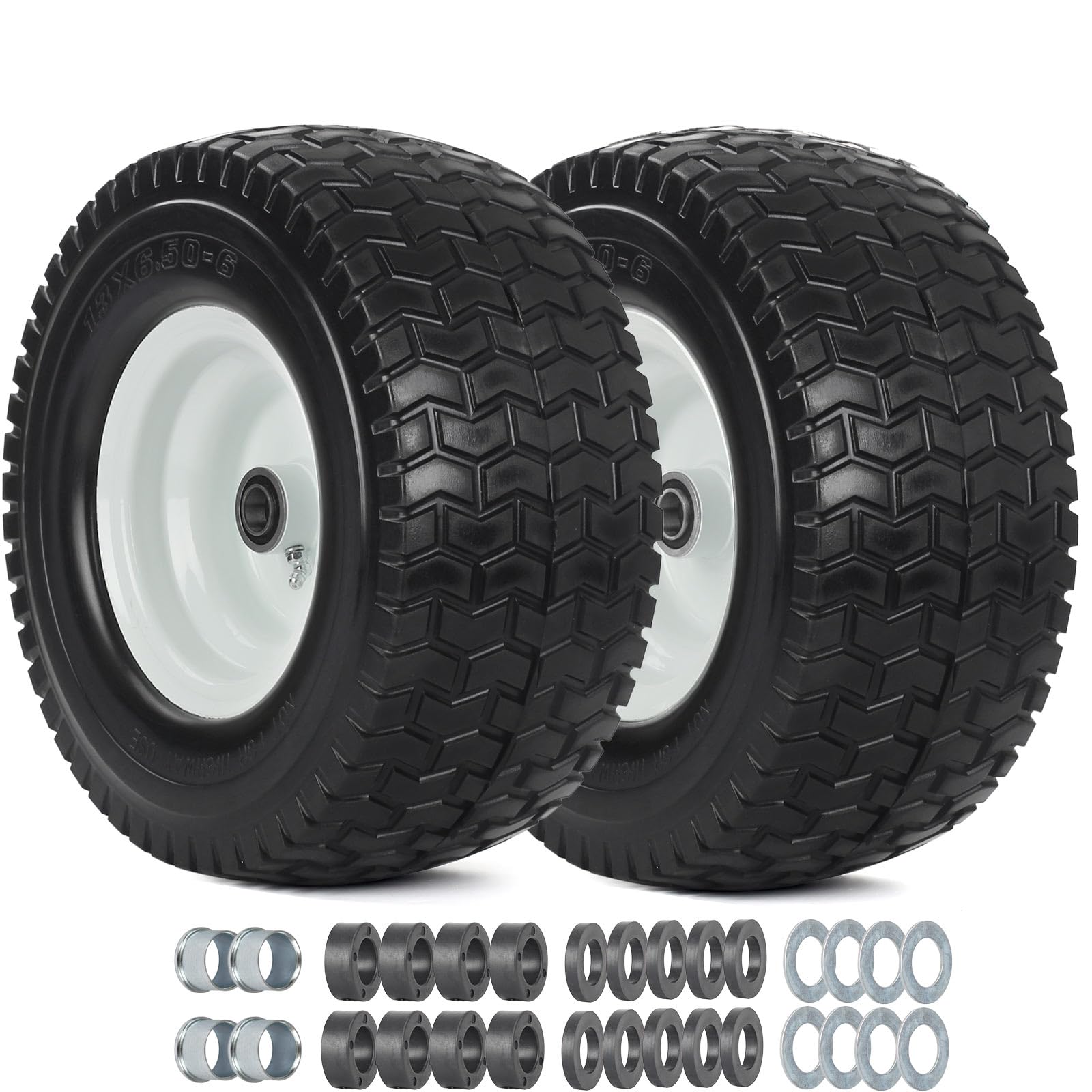 13x6.50-6 Tire and Wheel, 13x6.5-6" Flat-free Lawn Mower Tires, 3”-6.5“ Centered Hub, 3/4" or 5/8" Bearing, Universal Fit Garden Tractor Front Wheels, V-Turf Pattern, 2 (Pack)