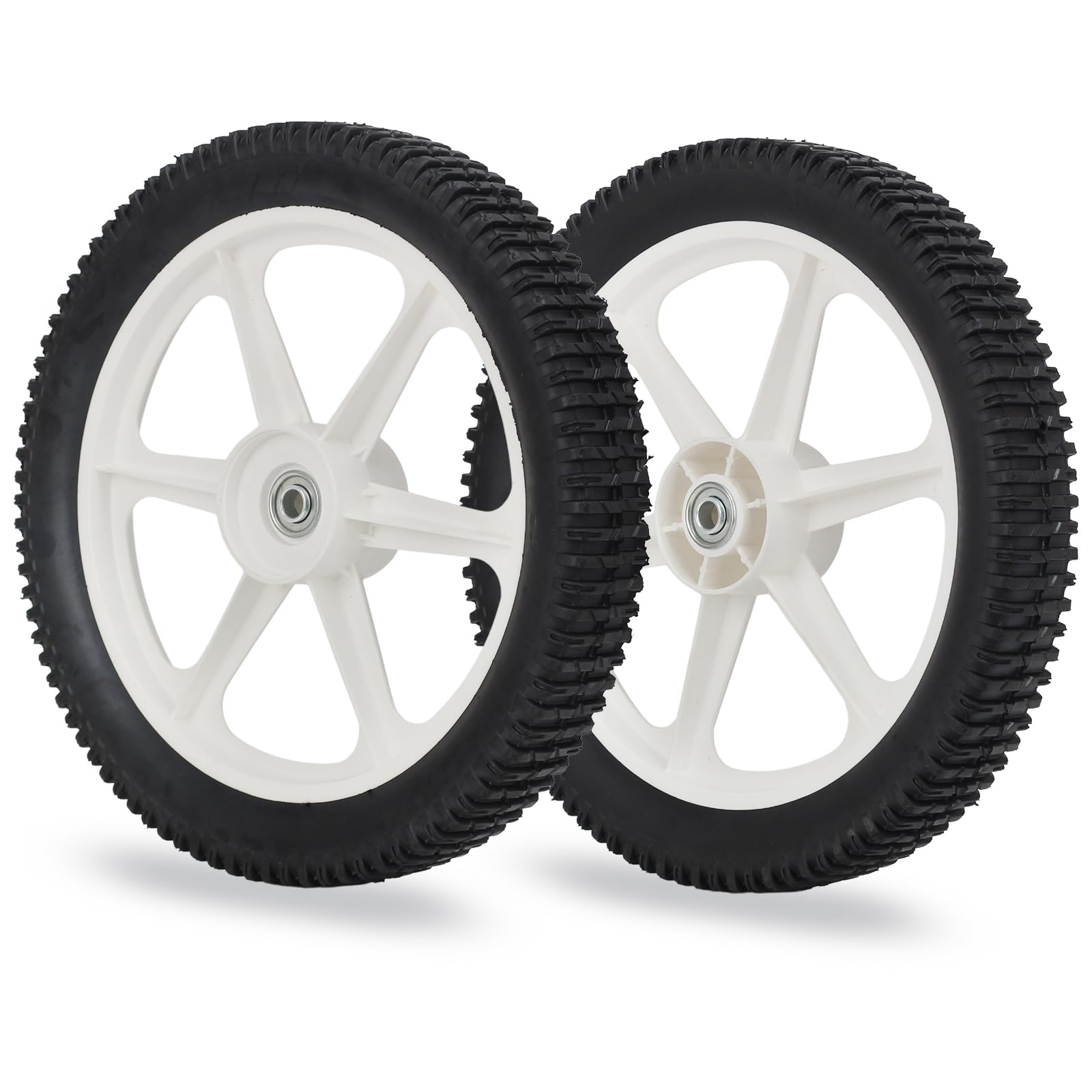 14 x 2'' Rubber Tire and Spoked Plastic Wheel, 1.75" Offset Hub Length, 1/2" Axle Bore, for Lawn Mower Trolley Dolly Wheel Replacement (2 Pack)