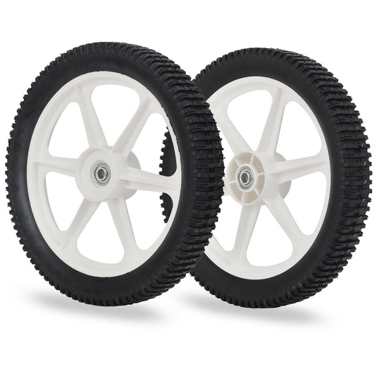 14 x 2'' Rubber Tire and Spoked Plastic Wheel, 1.75" Offset Hub Length, 1/2" Axle Bore, for Lawn Mower Trolley Dolly Wheel Replacement (2 Pack)