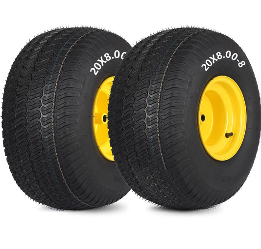 20x8.00-8 Tire and Wheel, 4 Ply Tubeless Lawn Mower Tire Replacement 20x8-8nhs Riding Tractor Mower and Rear Tire and Wheel Assemblies, 3.5" Offset Hub, 3/4" Borehole, and 3/16" Keyway, 2 Pack