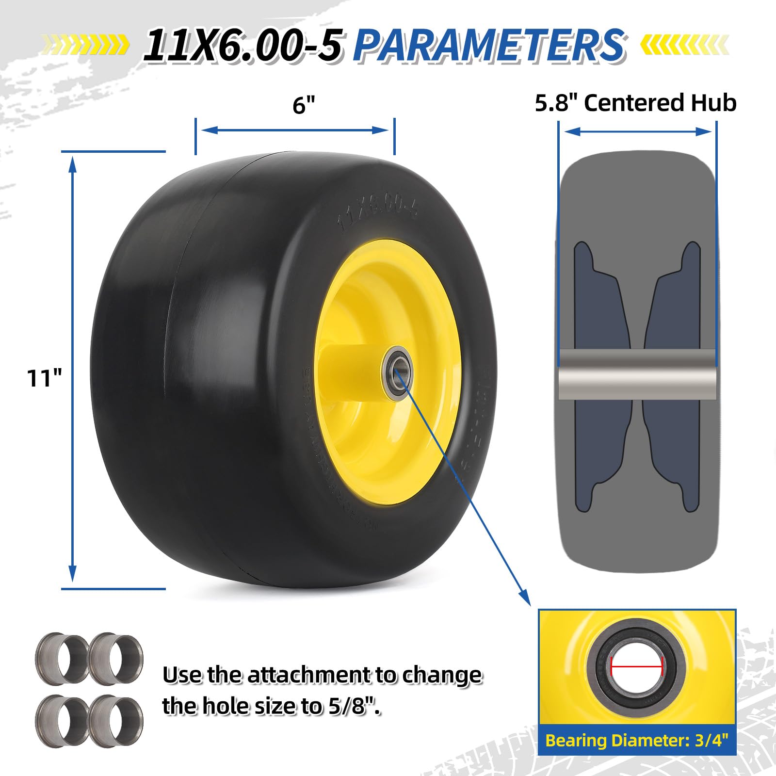 11x6.00-5 Flat Free Zero Turn Mower Tire and Wheel, 11x6-5nhs Riding Mowers Lawn Tire and Wheel with 3/4" Bearing, 5.8" -8" Centered Hub