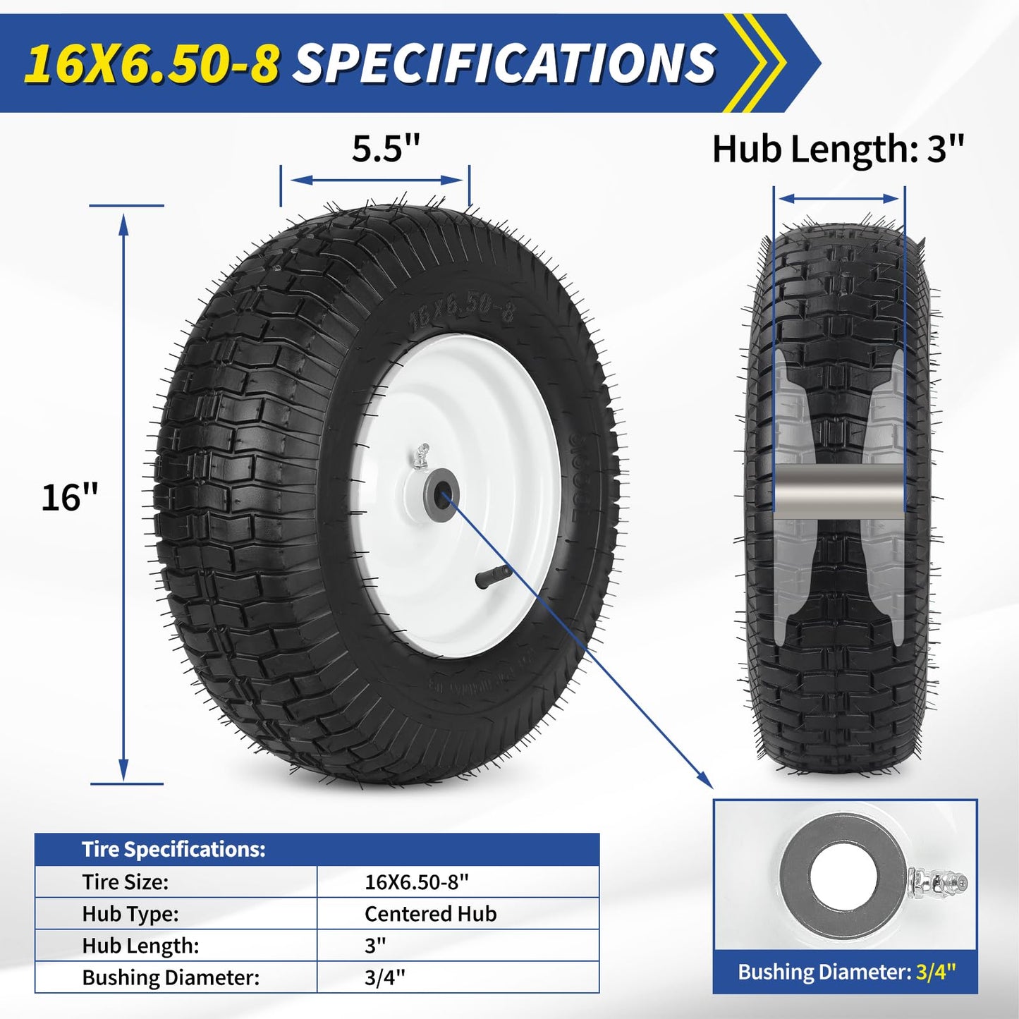 16x6.50-8 Riding Lawn Mower Rubber Tire and Wheel, 2 Pcs Replacement 16x6.5-8nhs Garden Tractor Lawnmower Tyre, with 3/4" & 5/8" Bushing, 3"-4.5" Centered Hub