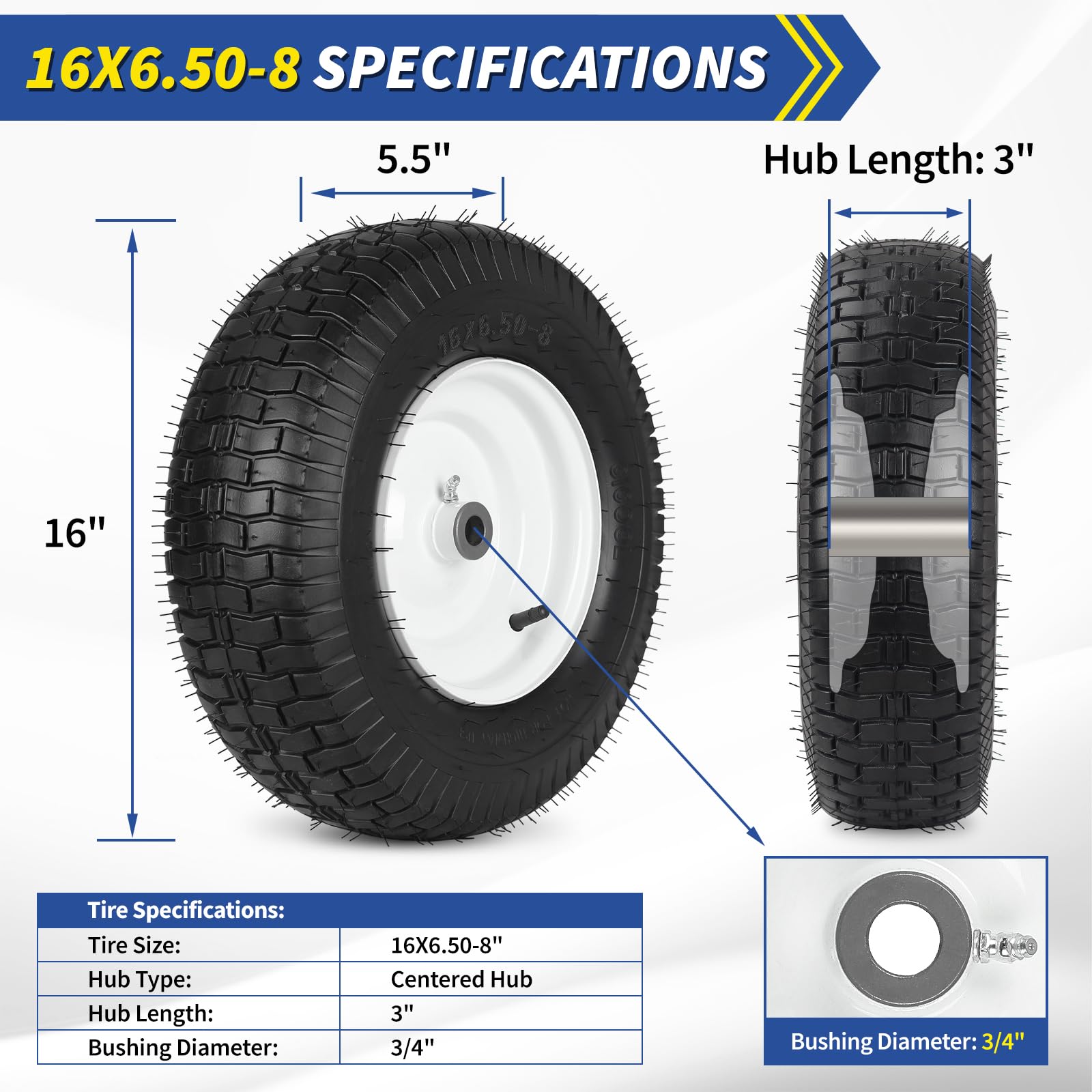 16x6.50-8 Riding Lawn Mower Rubber Tire and Wheel, 2 Pcs Replacement 16x6.5-8nhs Garden Tractor Lawnmower Tyre, with 3/4" & 5/8" Bushing, 3"-4.5" Centered Hub