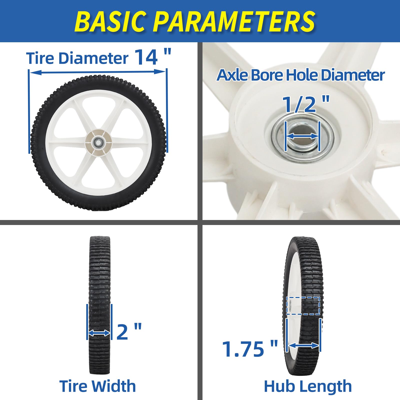 14 x 2'' Rubber Tire and Spoked Plastic Wheel, 1.75" Offset Hub Length, 1/2" Axle Bore, for Lawn Mower Trolley Dolly Wheel Replacement (2 Pack)
