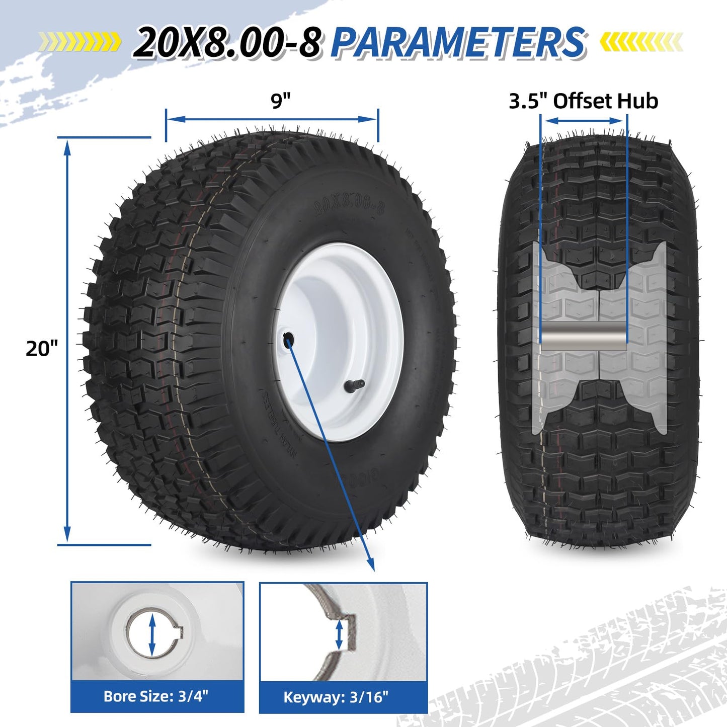 20x8.00-8 Lawn Mower Tire and Wheel, 4 Ply Tubeless Tire, 20x8-8nhs Riding Lawn Mower and Tractor Rear Tire and Wheel Assemblies, 3.5" Offset Hub, 3/4" Borehole, and 3/16" Keyway
