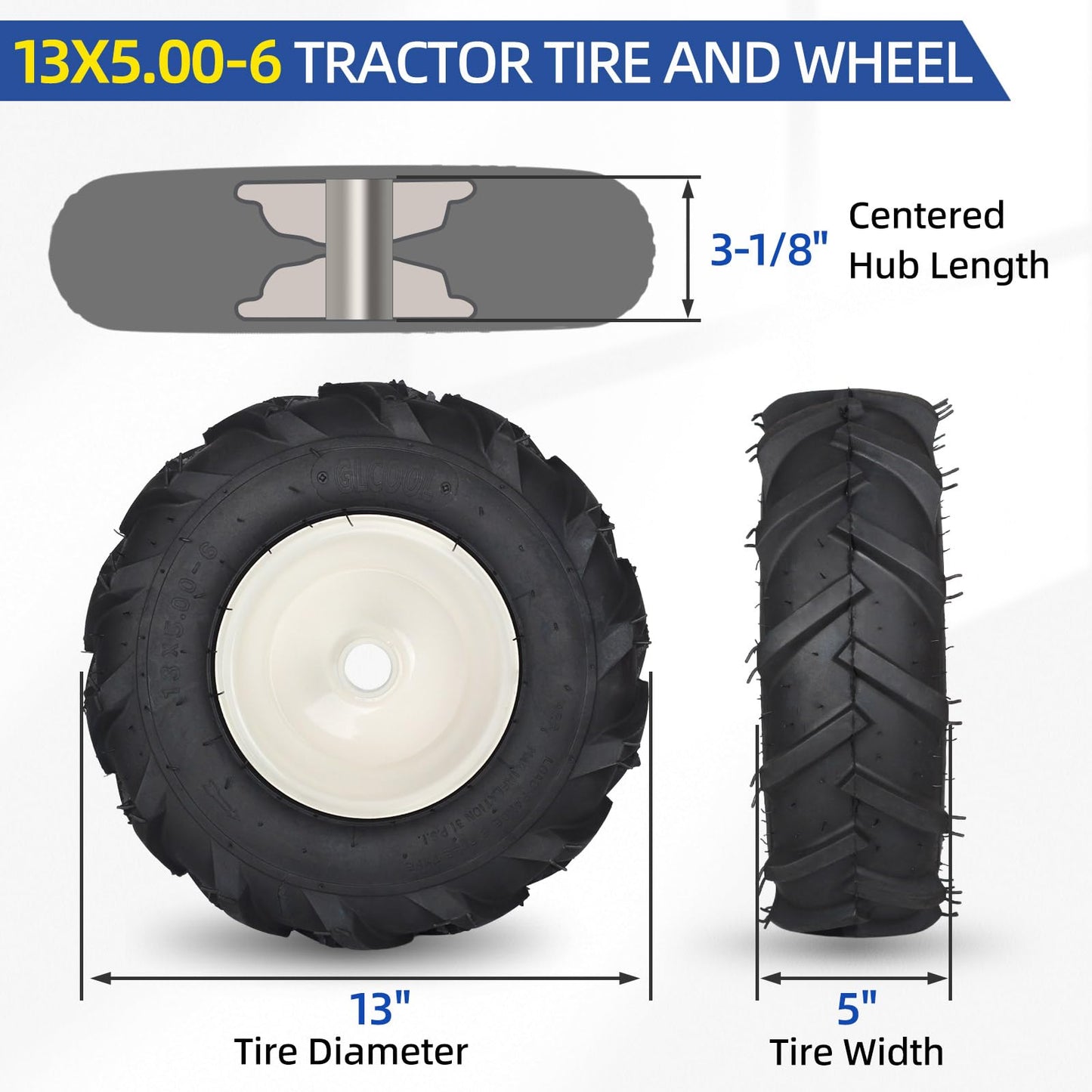 13x5.00-6" Tiller Tire and Wheel, 【1" Axle Size】, 3-1/8" Centered Hub, 13x5-6 Tubeless Agriculture Super Lug Tractor & Trencher Tire Replacement, 1 Pack