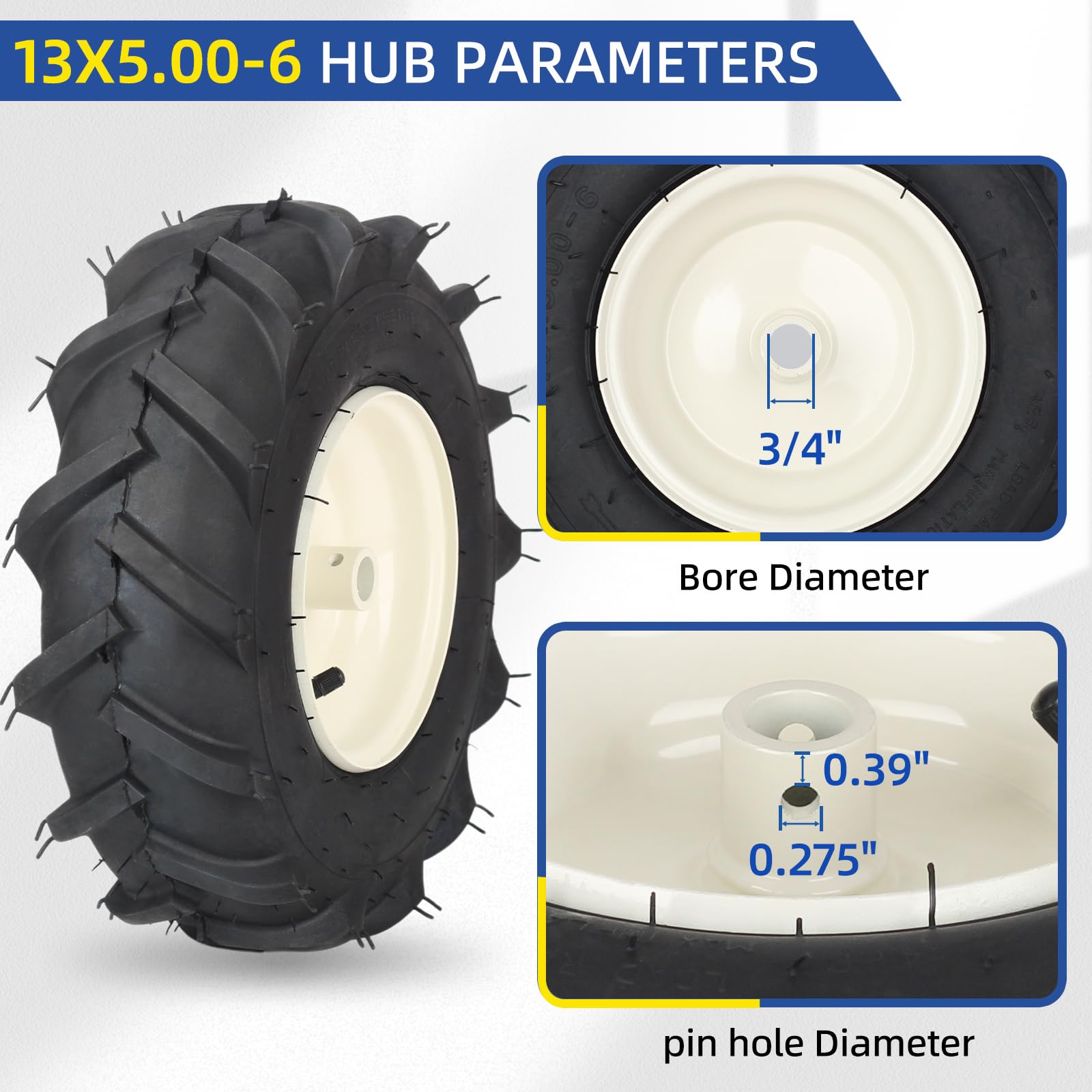 13x5.00-6" Tiller Tire and Wheel, 3/4" Axle Size, 3-1/8" Centered Hub, Compatible with Craftsman & Troy-Bilt Tiller Replacement (2pack)
