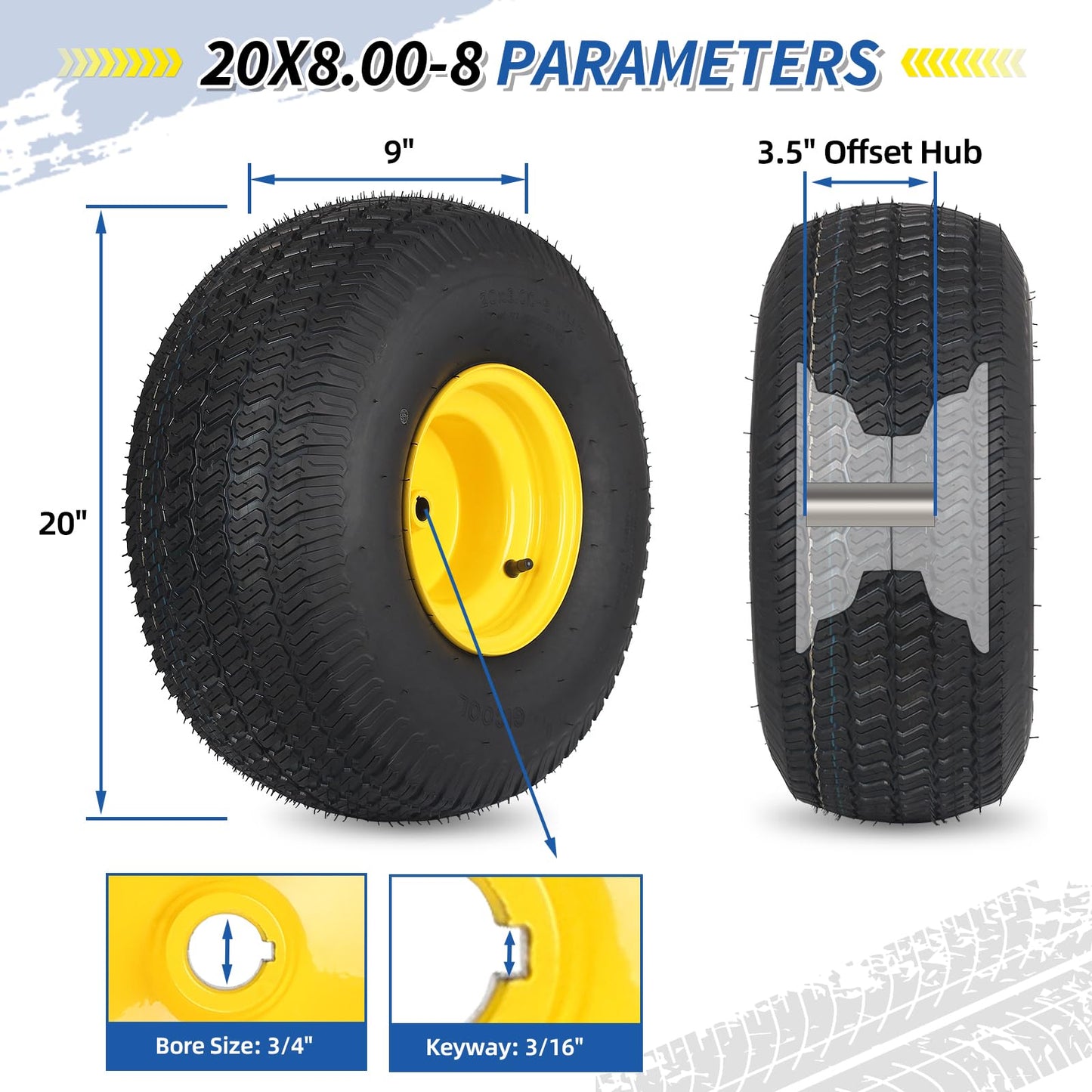 20x8.00-8 Tire and Wheel, 4 Ply Tubeless Lawn Mower Tire Replacement 20x8-8nhs Riding Tractor Mower and Rear Tire and Wheel Assemblies, 3.5" Offset Hub, 3/4" Borehole, and 3/16" Keyway, 2 Pack