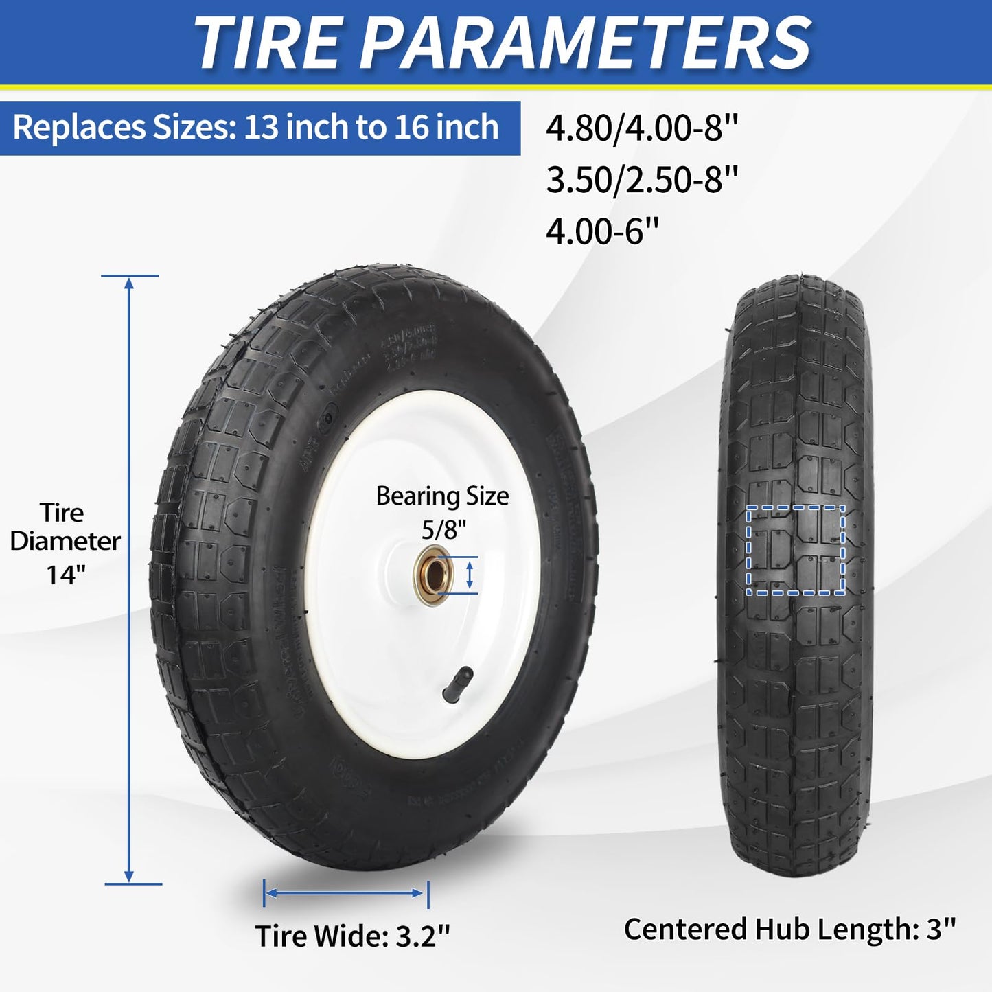 GICOOL Wheelbarrow Rubber Tire, 14-inch Pneumatic Wheel, 3"-6" Centered Hub, 5/8" & 3/4" Ball Bearings, Replacement 4.80/4.00-8, 3.50/2.50-8, 4.00-6, 4.00-8 Wheelbarrow Wheels