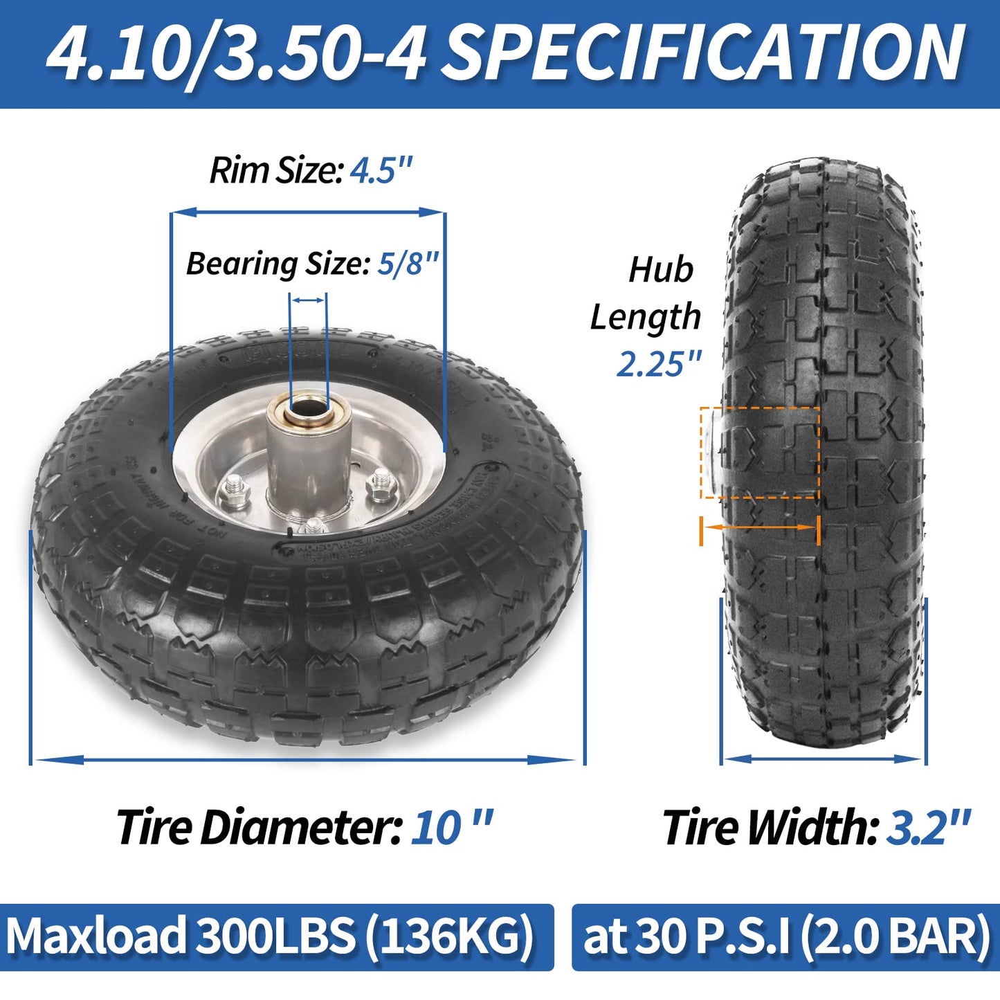 4.10/3.50-4" Tire and Wheel, 10" Pneumatic Tire, with 2 1/4" Offset Hub, 5/8" Axle Bore Hole, Sealed Bearings for Hand Truck Trolley Dolly Garden Wagon Cart Wheel Replacement 4 Pack