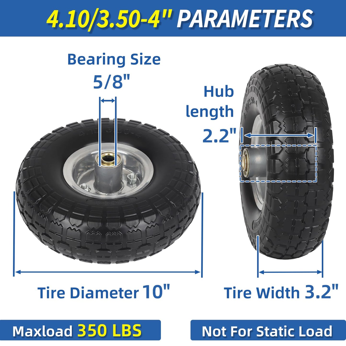 4.10/3.50-4" Flat Free Tire and Wheel, 10" Heavy Duty Solid Tire, 5/8" Axle Bore Hole, 2.2" Offset Hub, for Hand Truck Garden Cart Wagon Trolley Dolly, 2 Pack