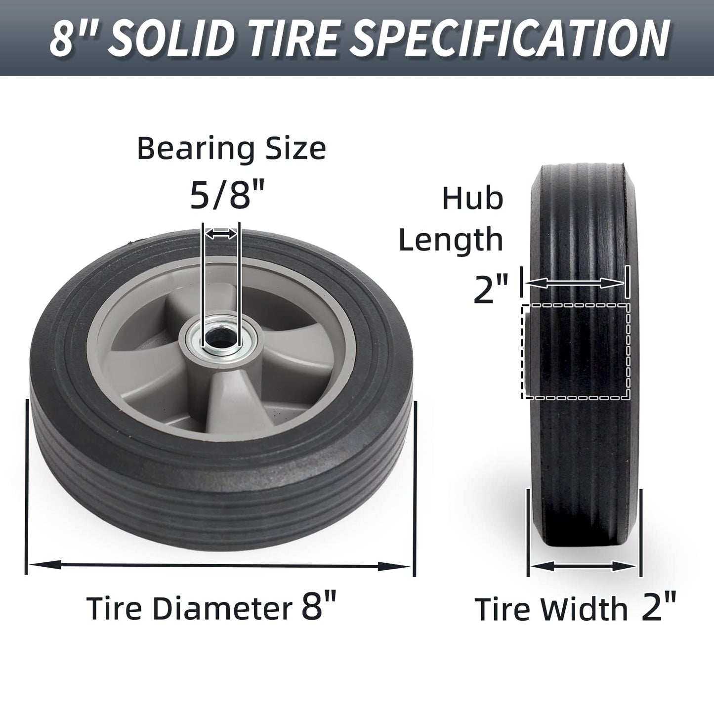 8" x 2" Flat-Free Solid Rubber Tire and Wheel with Ball Bearings and 5/8" Axle Bore Hole, 2" Offset Hub, For Hand Truck Dolly Trolley Garden Wagon Cart Generator Replacement Tire (2 Pack)