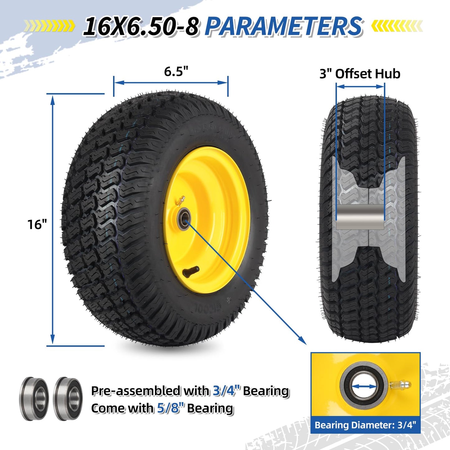 16x6.50-8 Tubeless Tire and Wheel, 16x6.5-8 Lawn Mower Tires, 3"-4.5" Offset Hub, 3/4" or 5/8" Bearing, Universal Fit Riding Mower and Garden Tractor Front Wheel, 4 Ply, S-Turf Pattern, 2 Pack