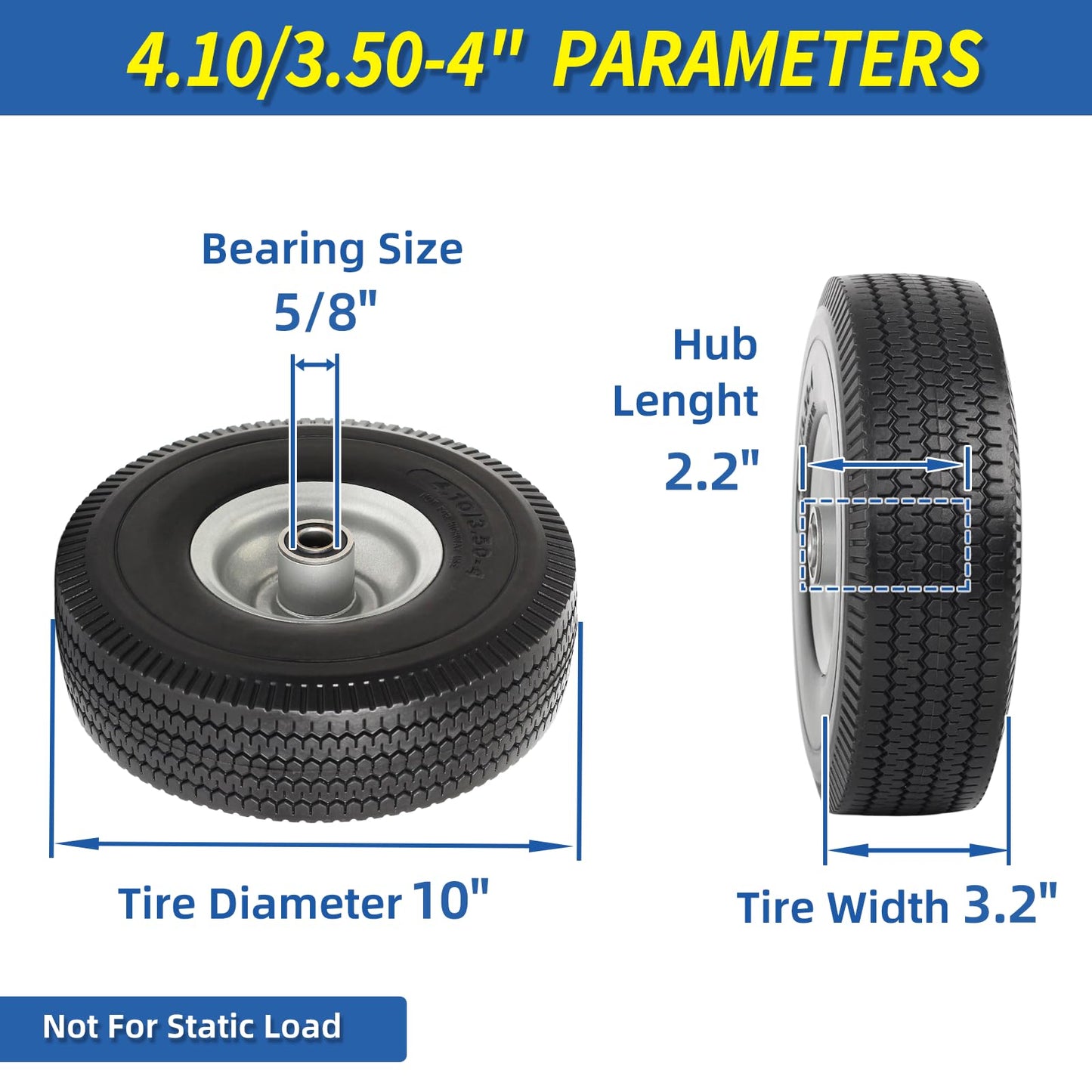 4.10/3.50-4" Flat Free Tire and Wheel, 10" Solid Tire with 5/8" Axle Bore Hole, 2.2" Offset Hub for Hand Truck Garden Wagon Cart Trolley Dolly Lawn Mover Replacement Tire (2 pack)
