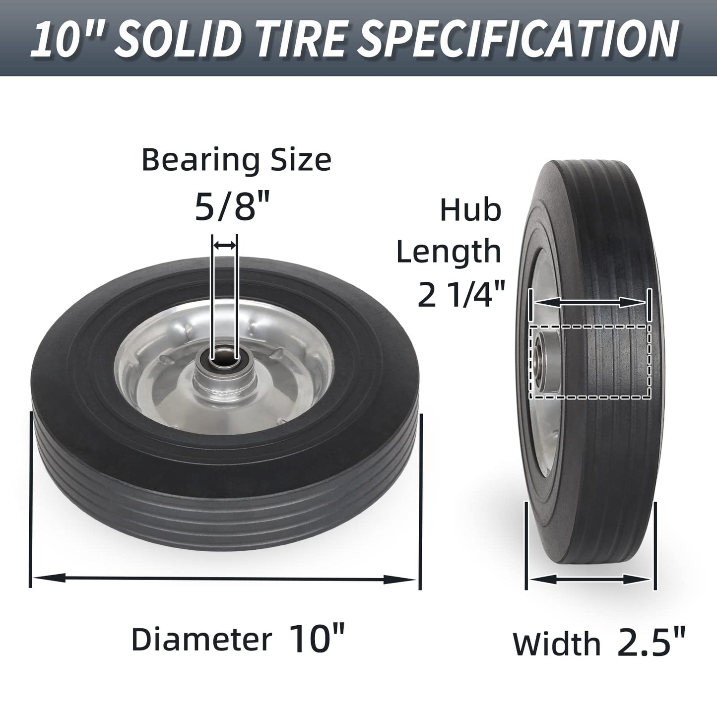 10" x 2.5" Flat Free Solid Rubber Tire with 5/8" Axle Bore Hole, 2 1/4" Hub, Replacement 4.10/3.50-4" for Hand Truck Dolly Trolley Garden Wagon Cart Generator, 2(Pack)
