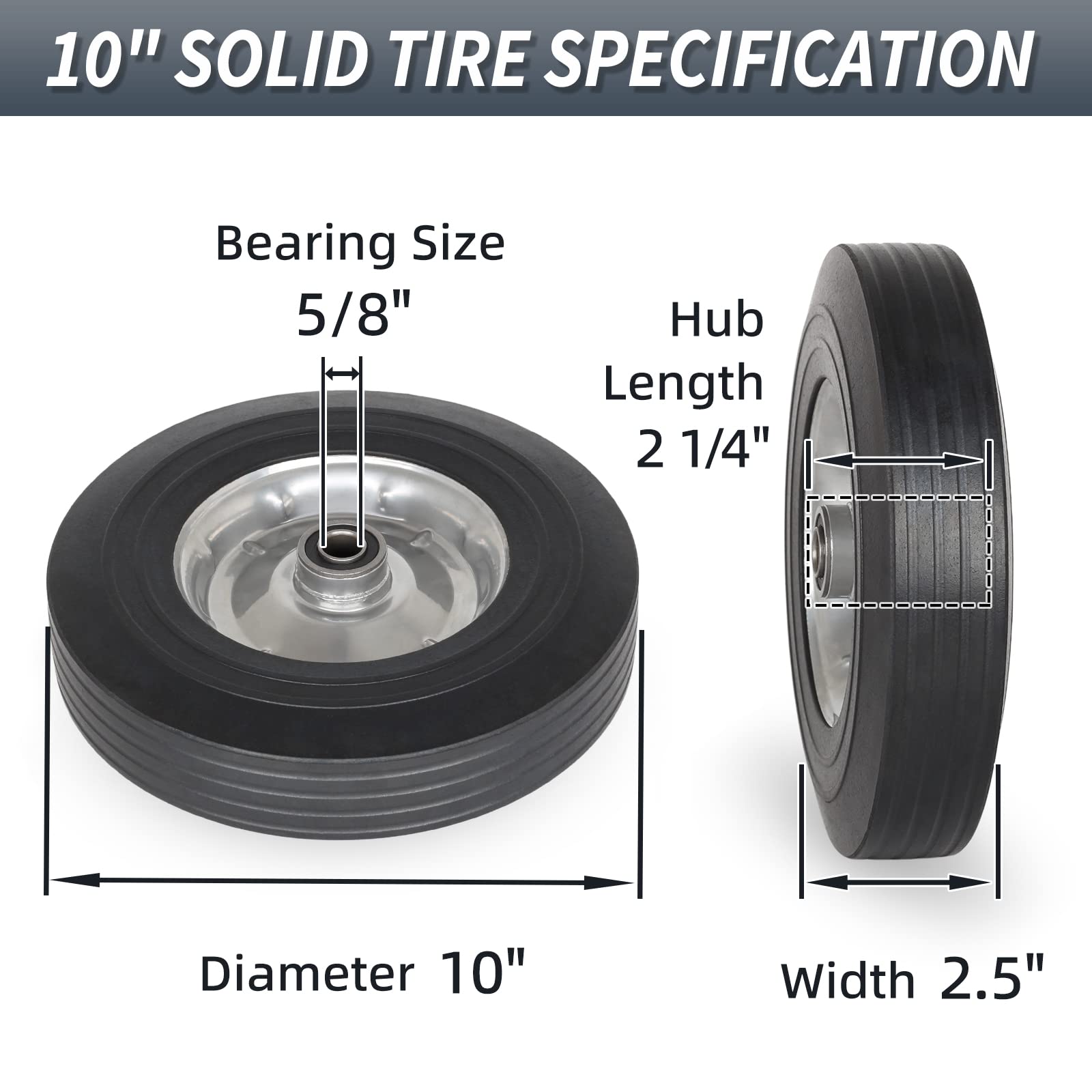 10" x 2.5" Flat Free Solid Rubber Tire with 5/8" Axle Bore Hole, 2 1/4" Hub, Replacement 4.10/3.50-4" for Hand Truck Dolly Trolley Garden Wagon Cart Generator, 2(Pack)