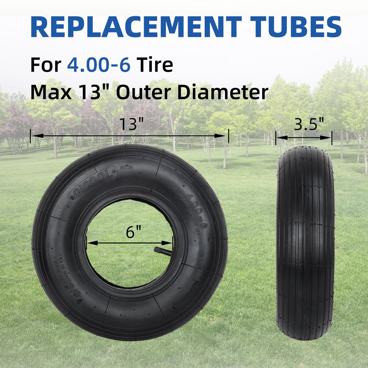 4.00-6 Replacement Tire and Inner Tube Set, 13" Heavy Duty Tire and Wheel, TR-13 Straight Valve Stem, for wheelbarrow Trolley Dolly Garden Wagon Wheel Replacement (2 Pack)
