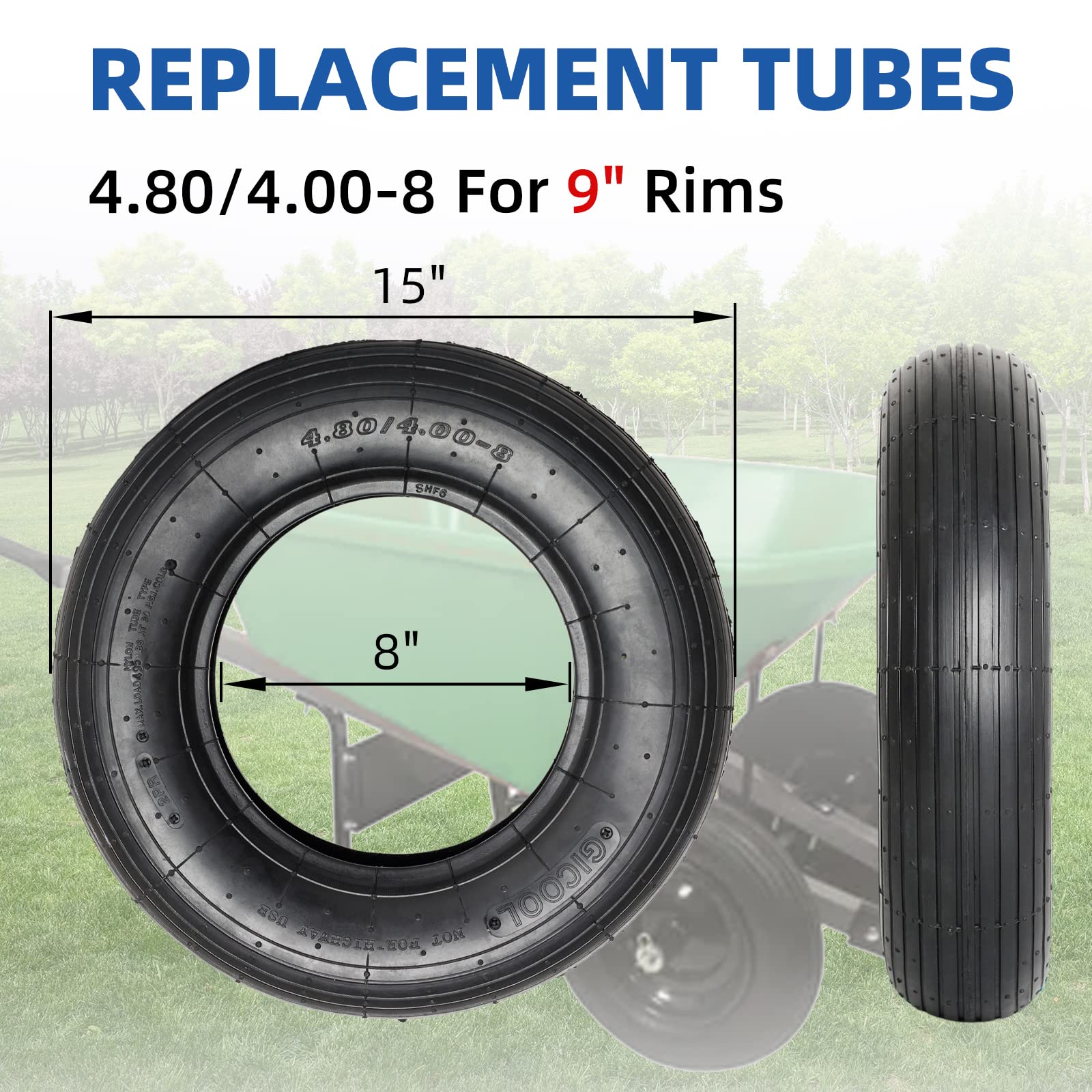 4.80/4.00-8 Replacement Tire and Inner Tube Set, 15" Heavy Duty Tire and Wheel, TR-13 Straight Valve Stem, for wheelbarrow Trolley Dolly Garden Wagon Wheel Replacement (2 Pack)